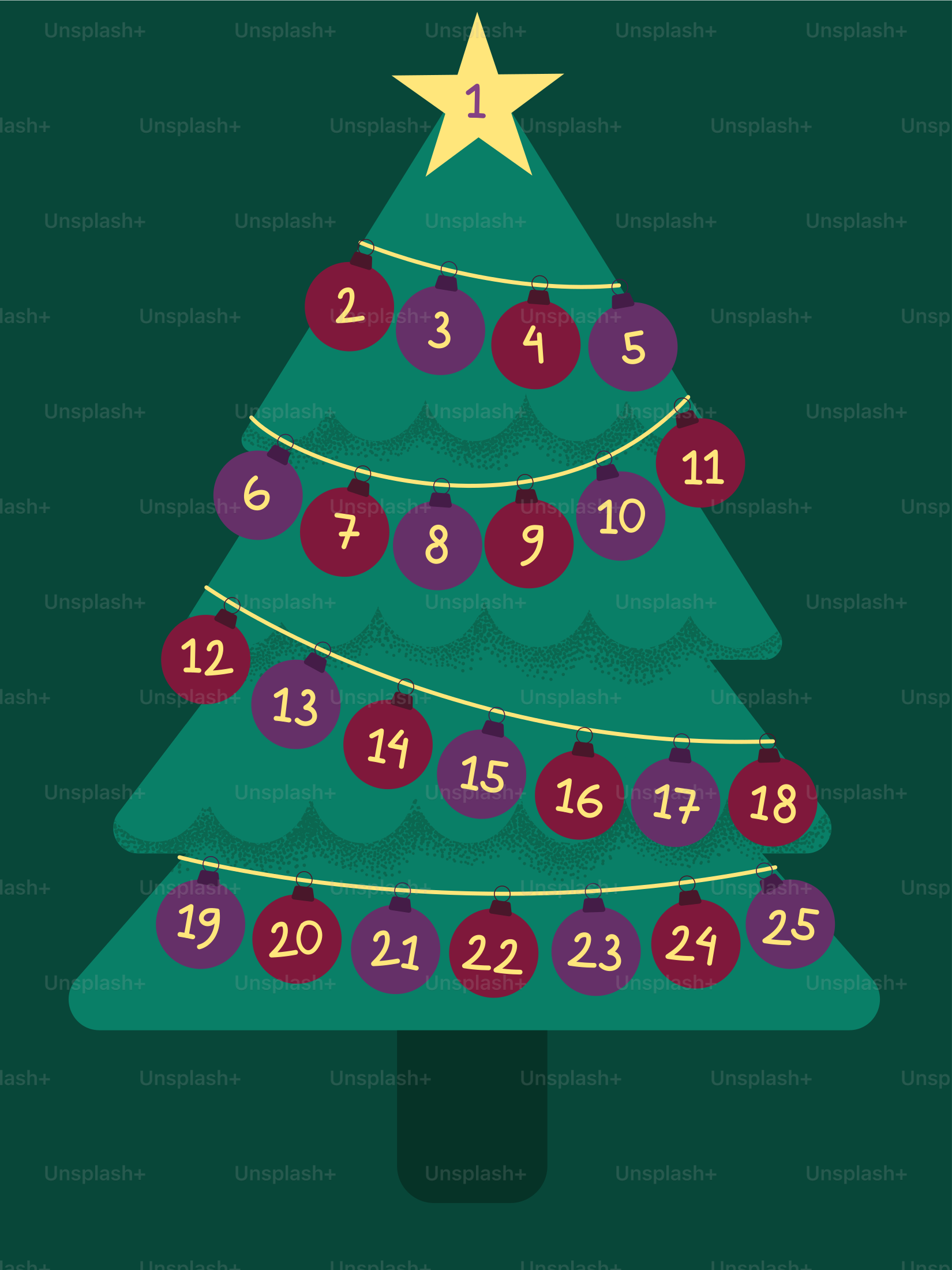 Weihnachtsbaum mit nummeriertem Schmuck für den Adventskalender