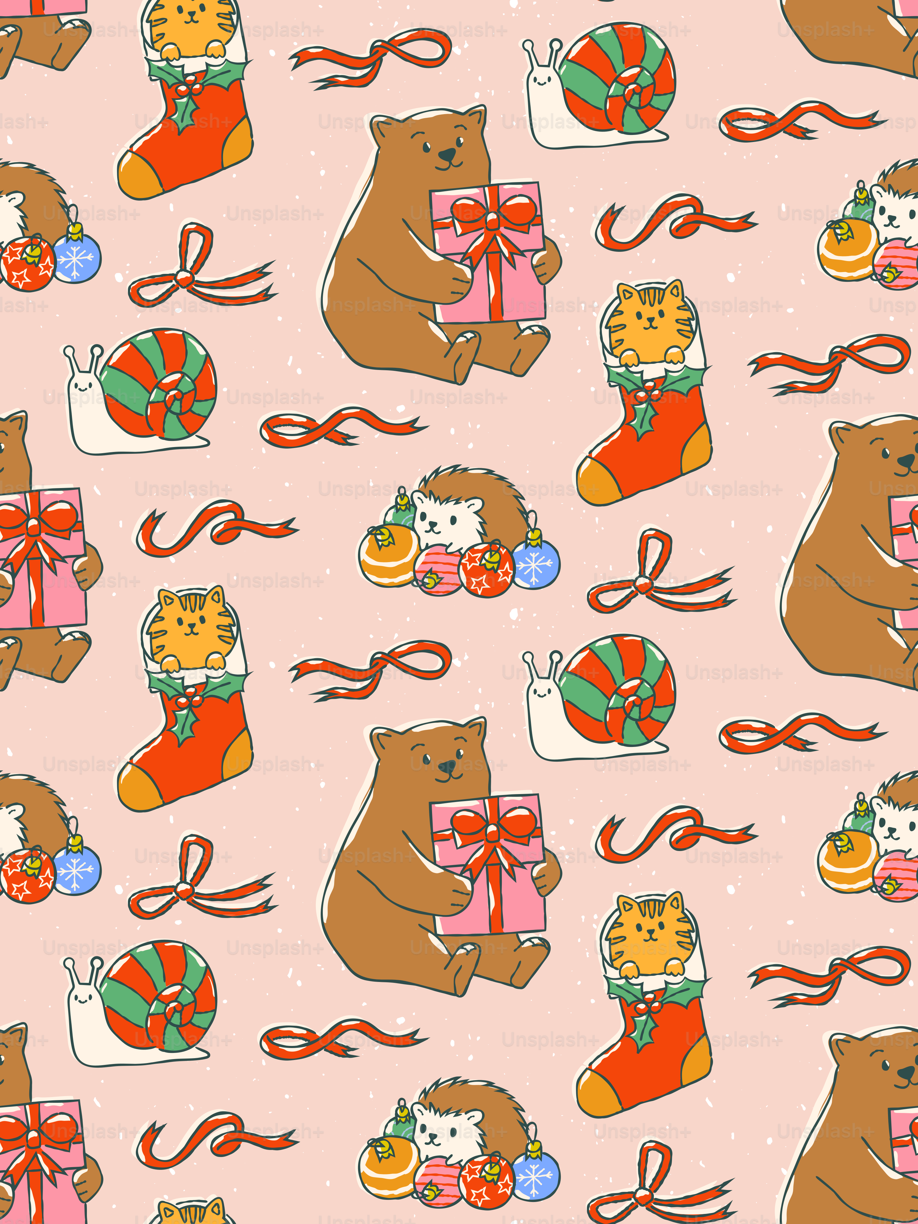 Cute animals and christmas gifts on pink background