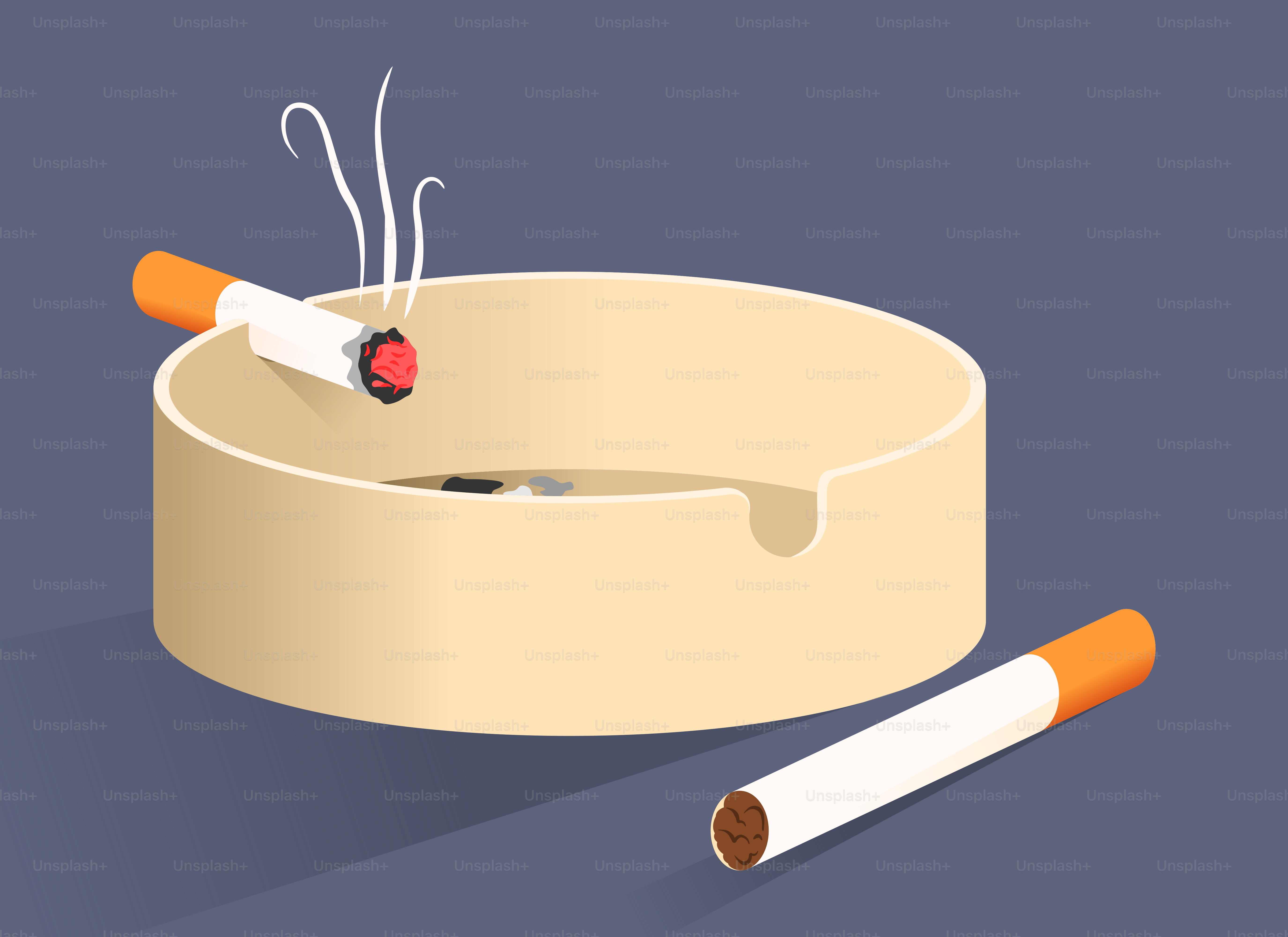 Two cigarettes in an ashtray with one burning