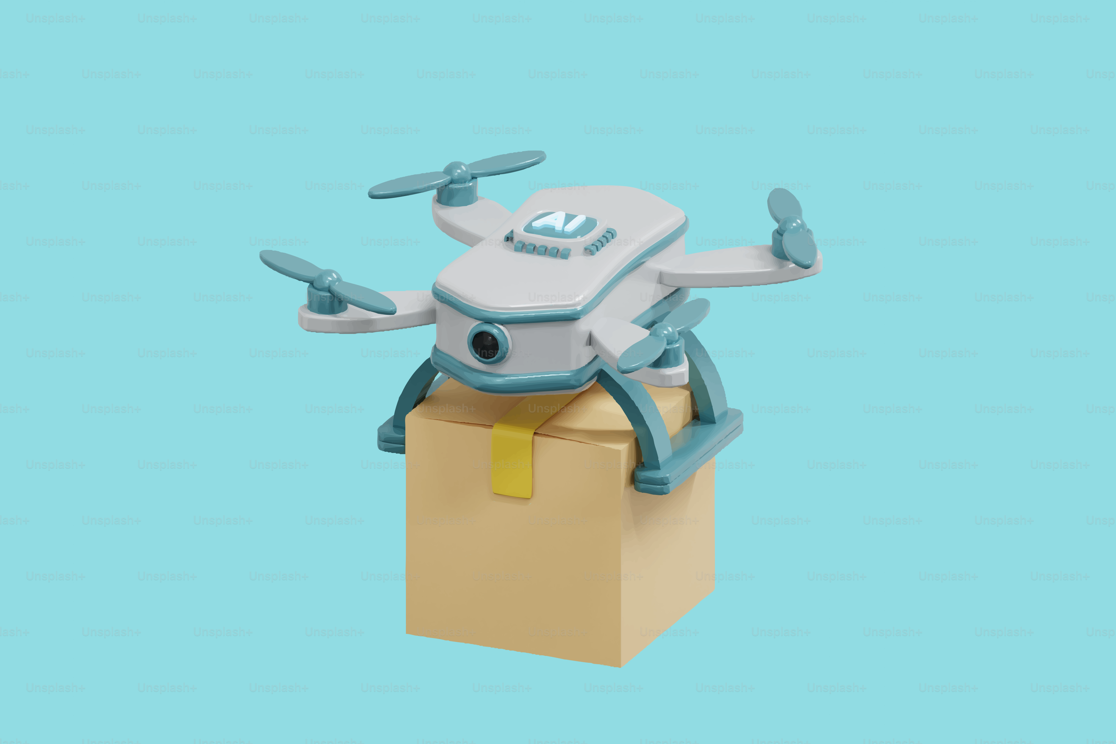 Drone delivering a package against a blue background