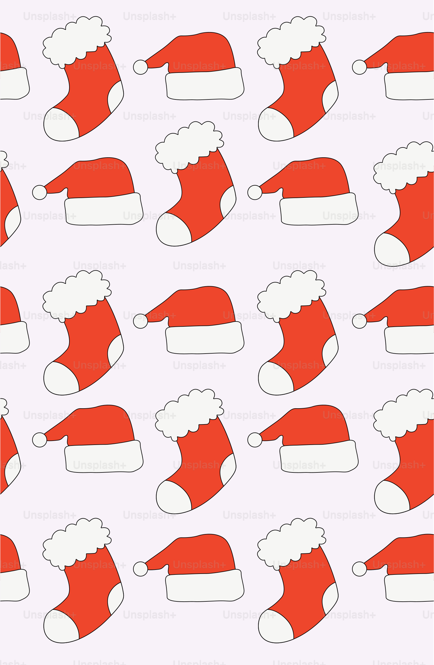 Red santa hats and stockings pattern on light background
