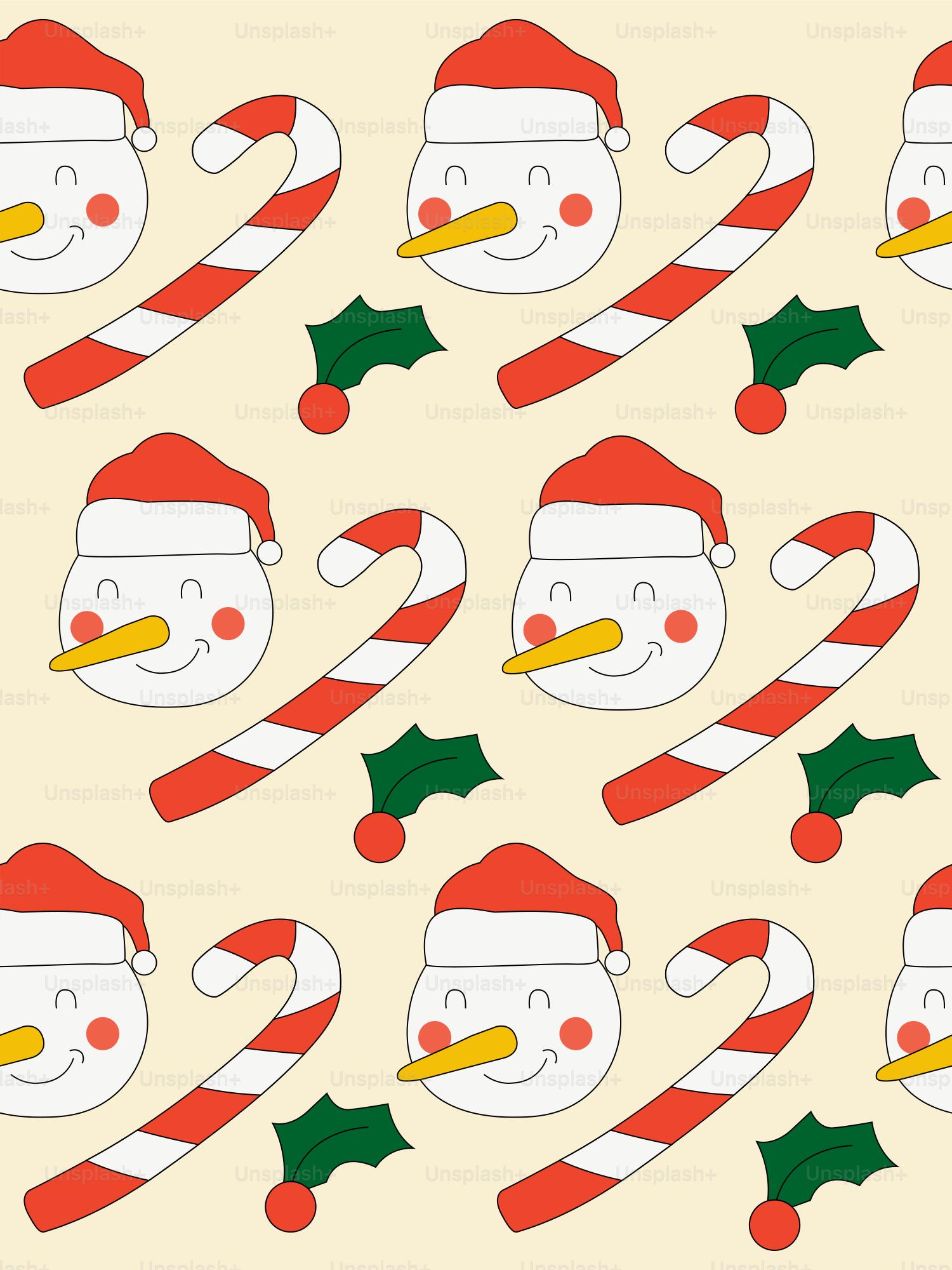 Christmas pattern with snowmen, candy canes, and holly.