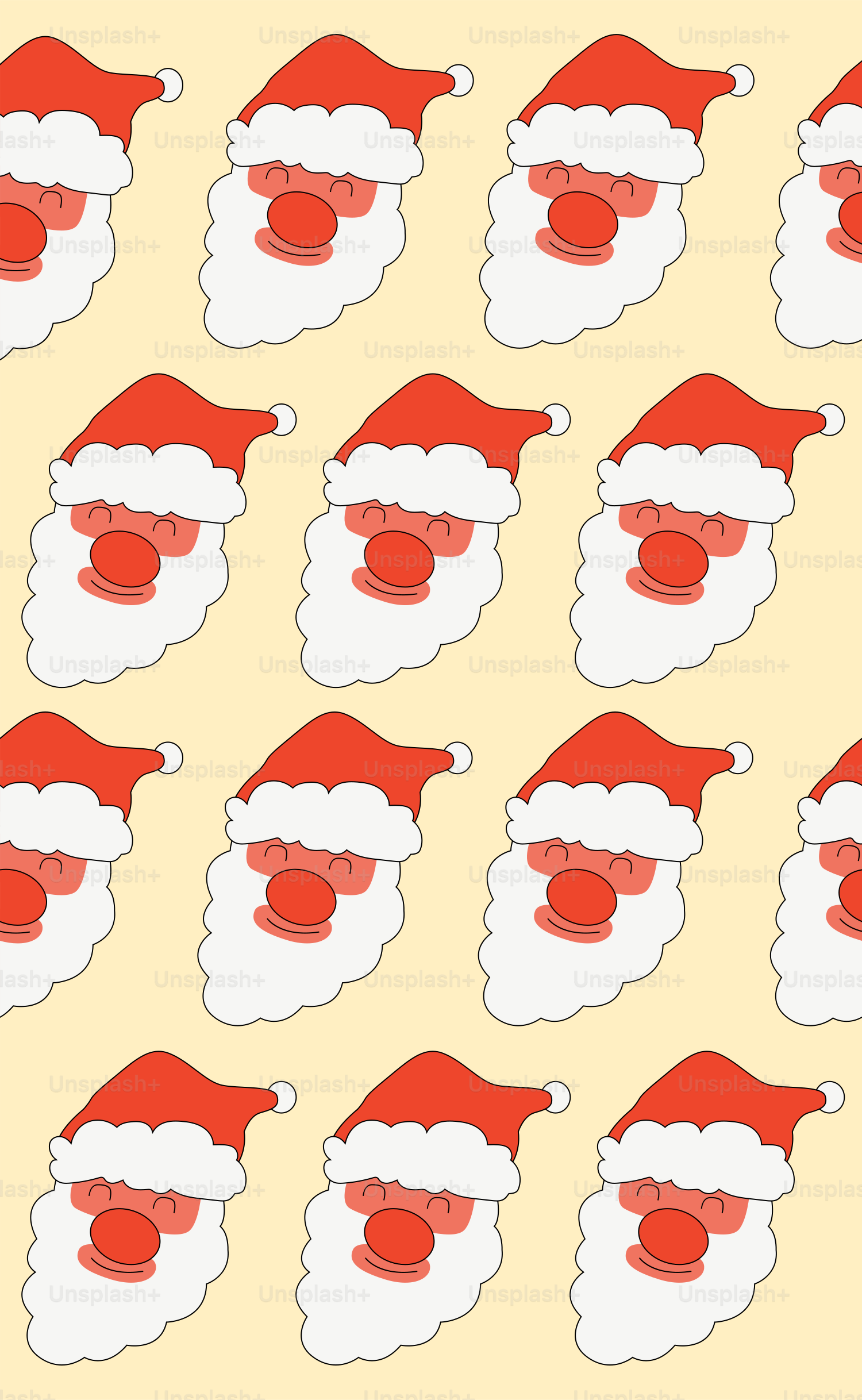 Repeating pattern of santa claus faces on a yellow background