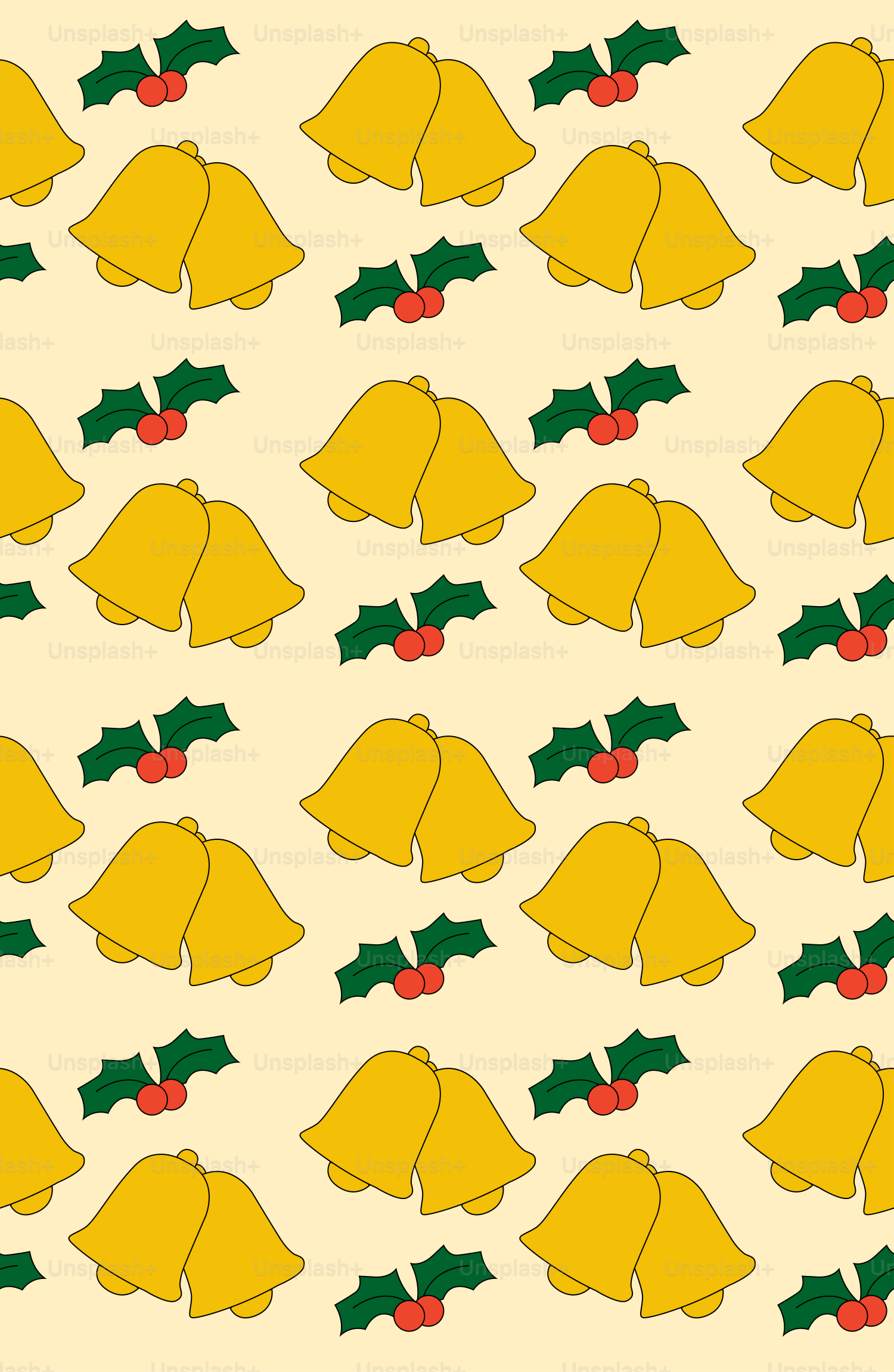 Golden bells and holly pattern on a cream background