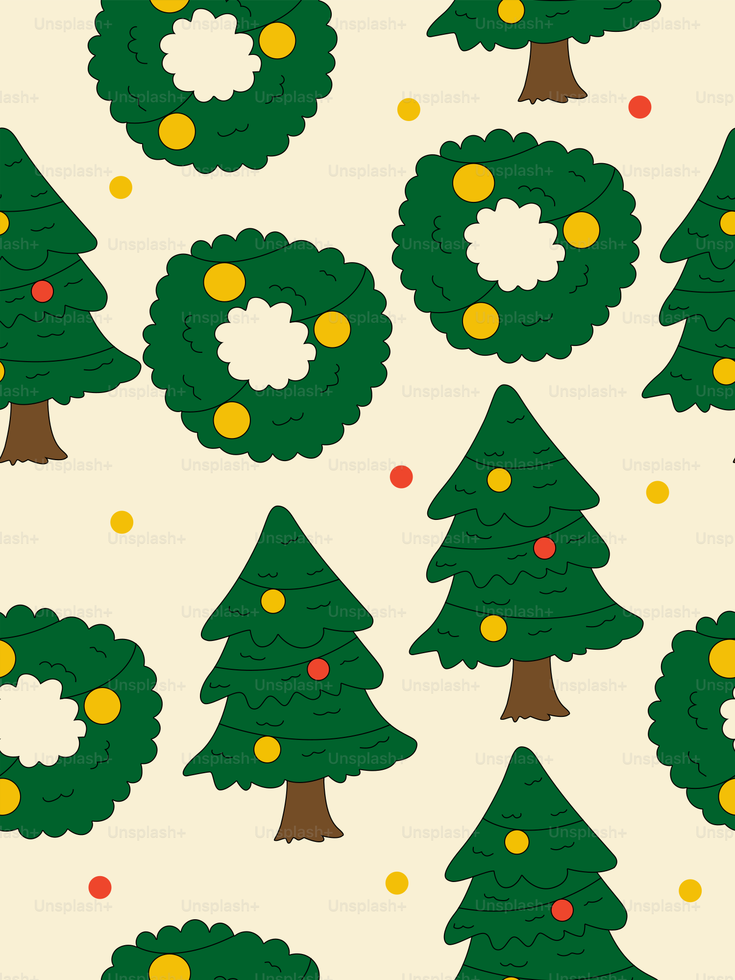 Christmas trees and wreaths pattern on cream background