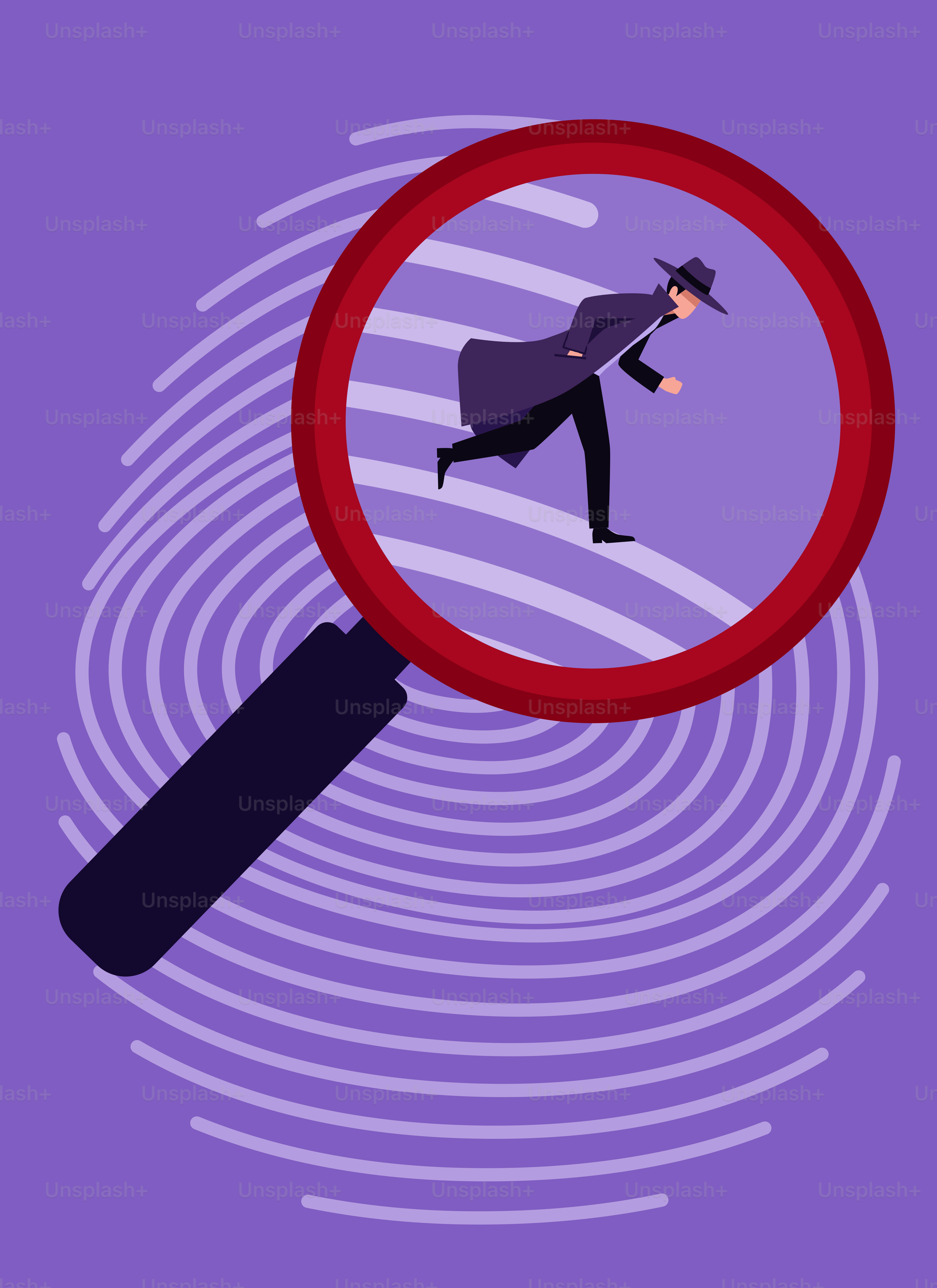 Detective examining a fingerprint with a magnifying glass.