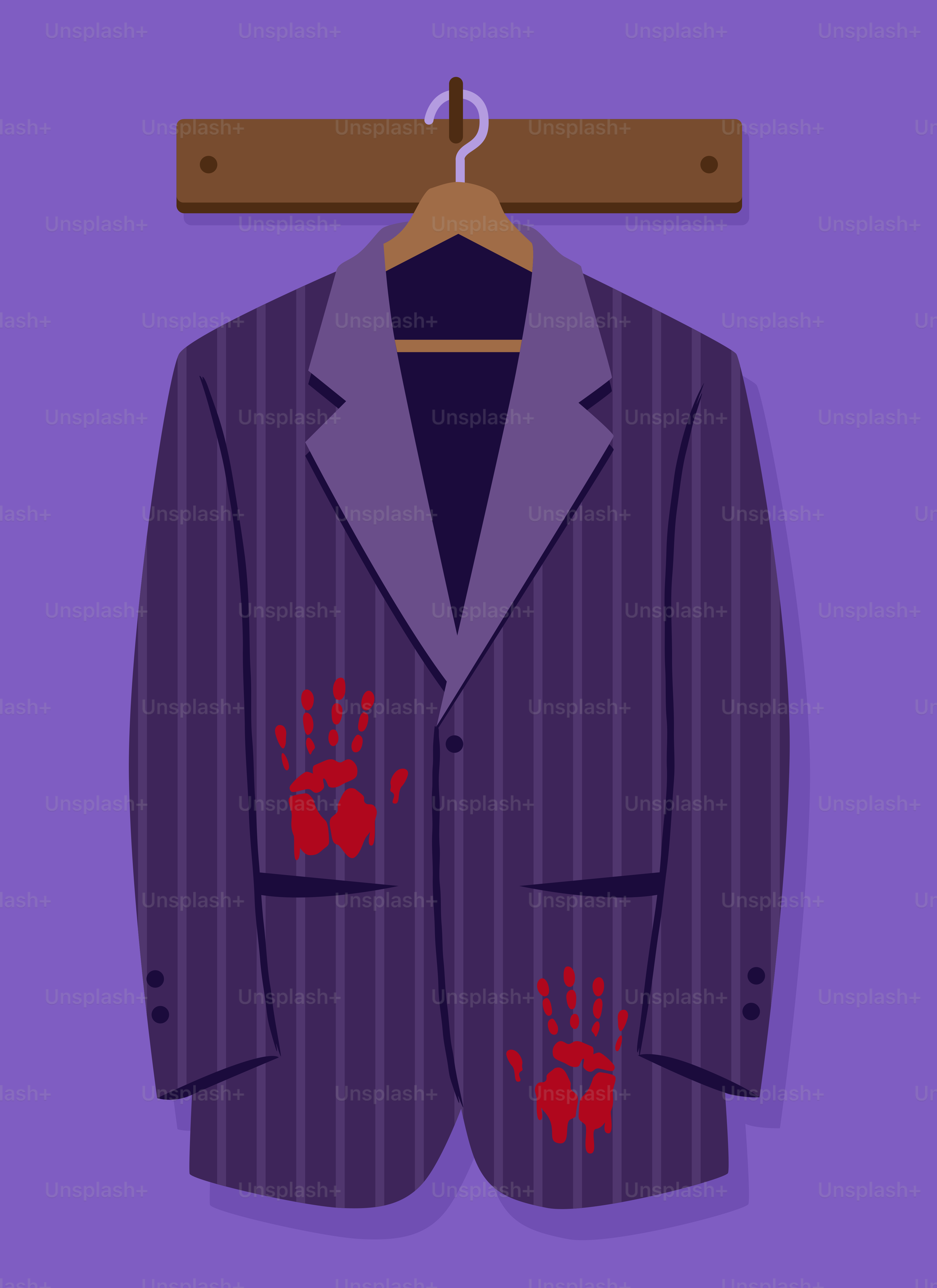 Purple pinstripe suit jacket with red handprints.