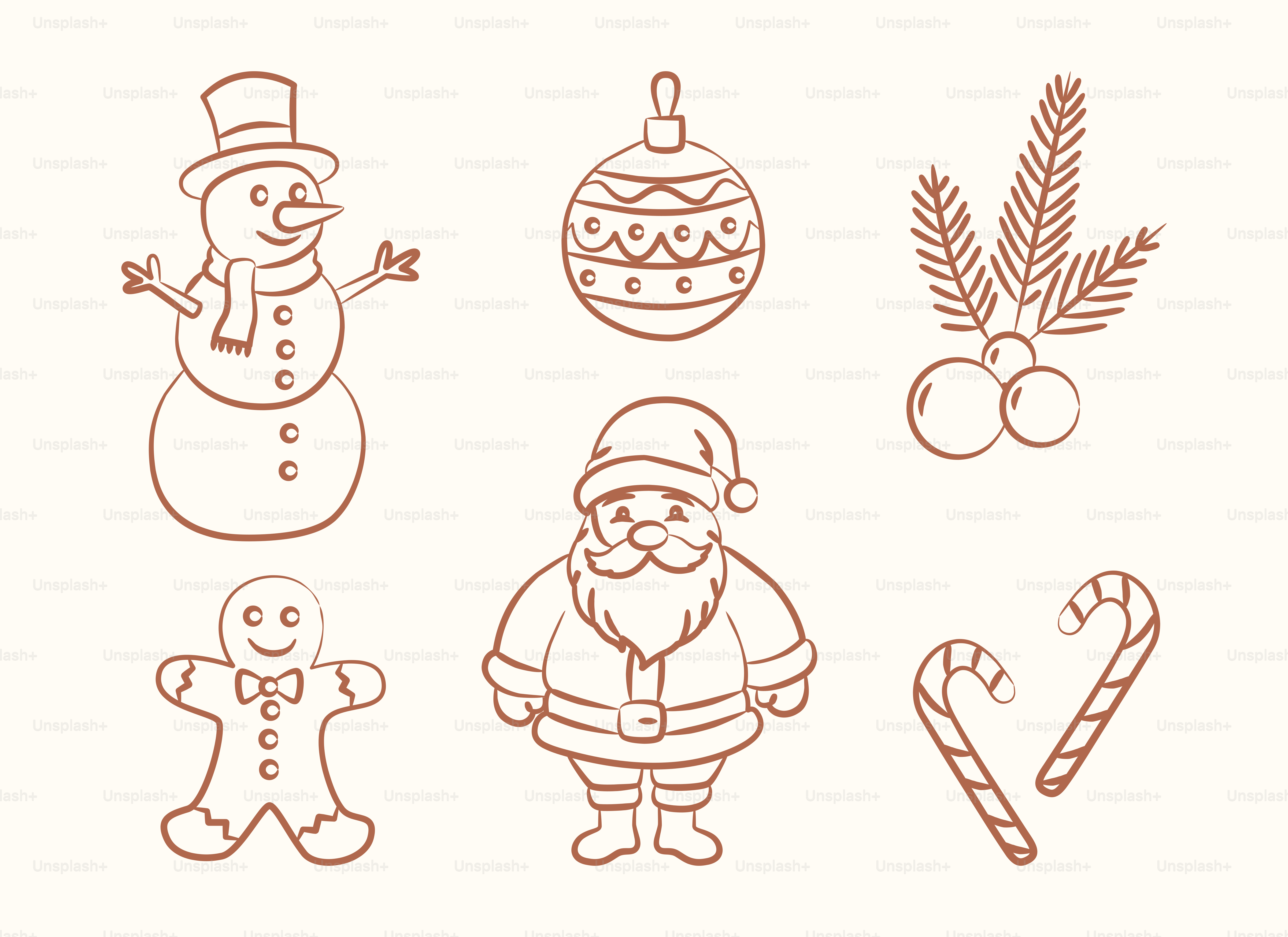 Christmas icons: snowman, santa, gingerbread, ornament, holly, candy canes