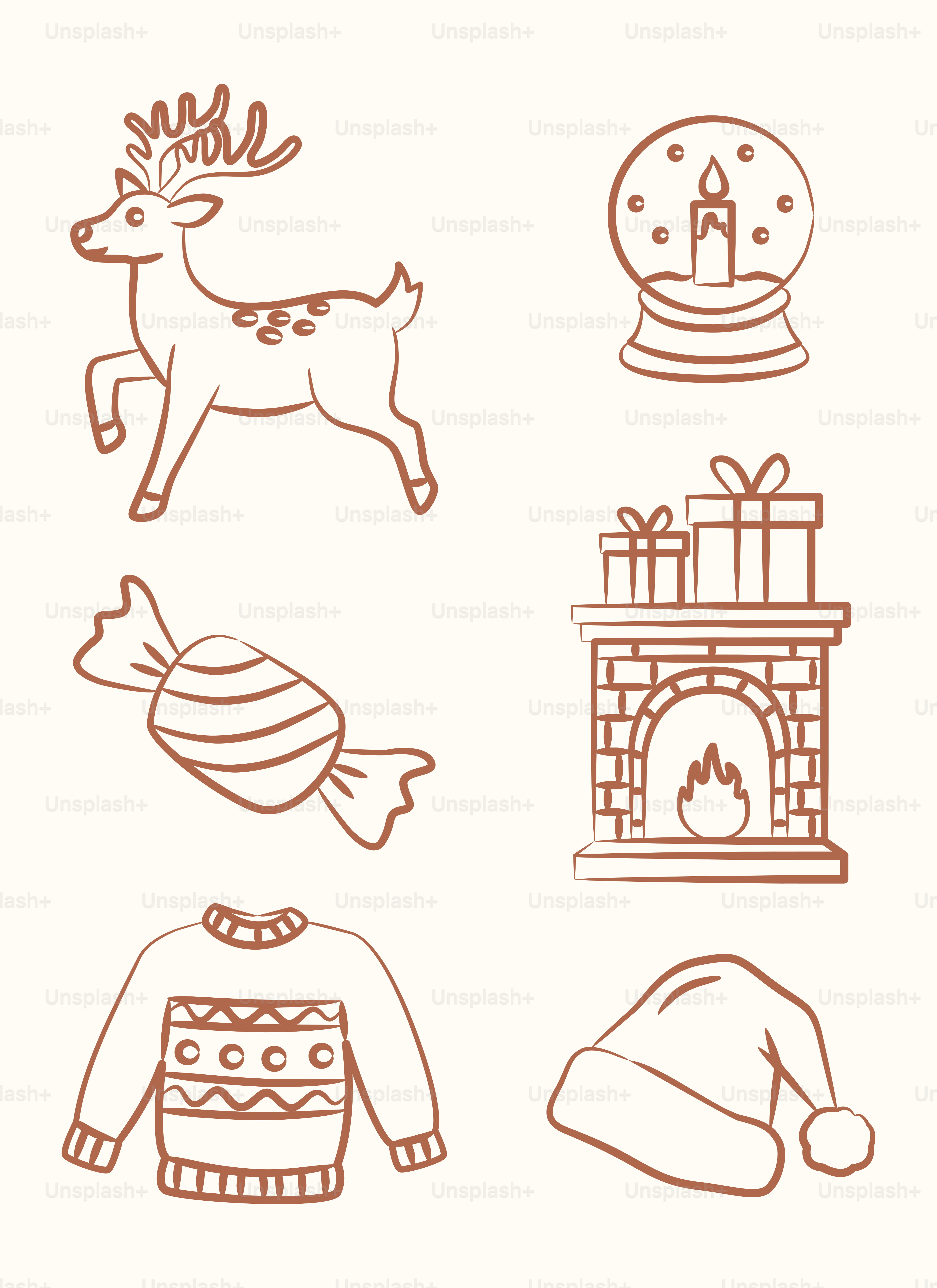 Christmas icons: reindeer, snow globe, candy, fireplace, sweater, hat