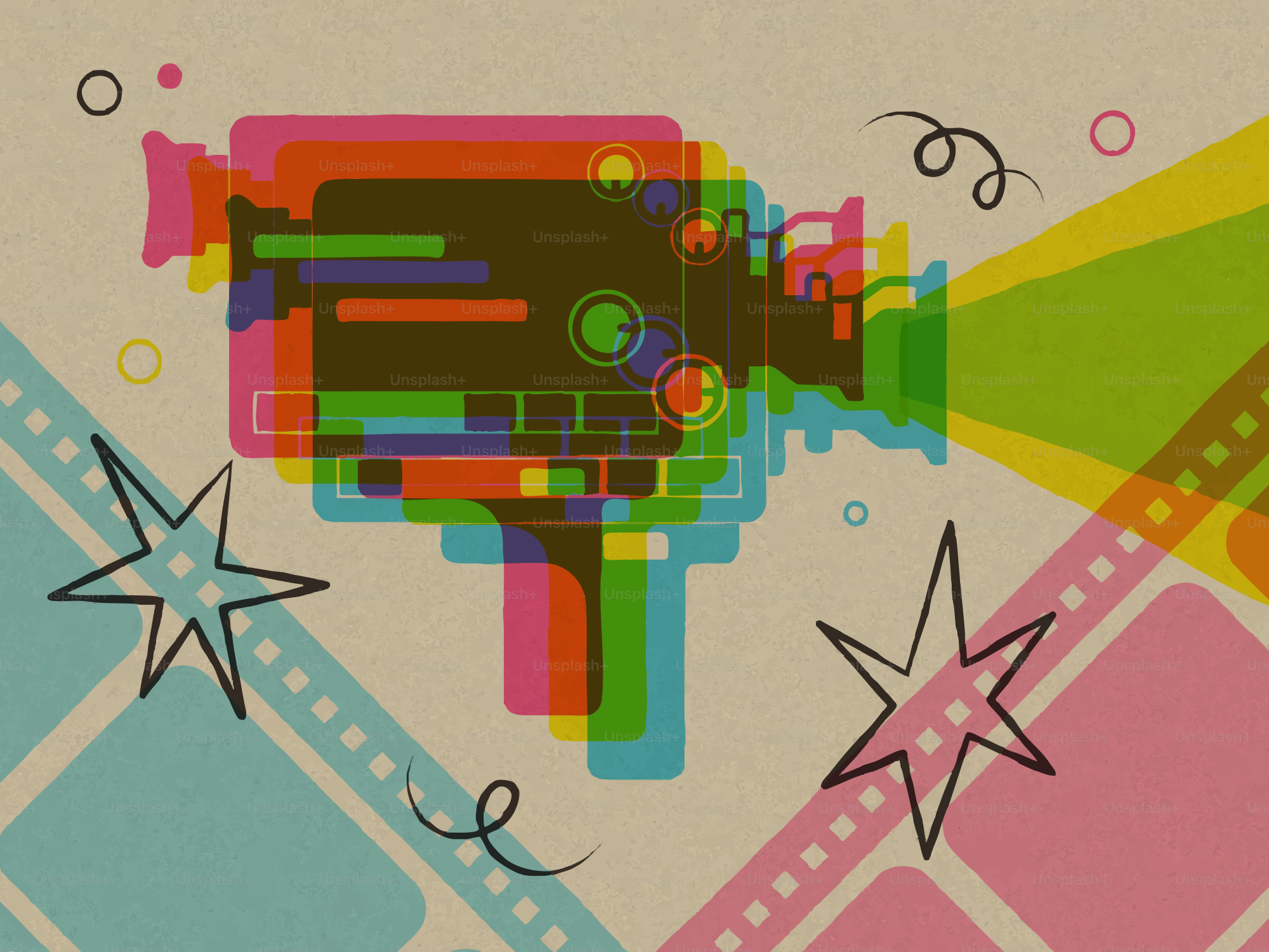 Retro film camera with colorful overlay and stars
