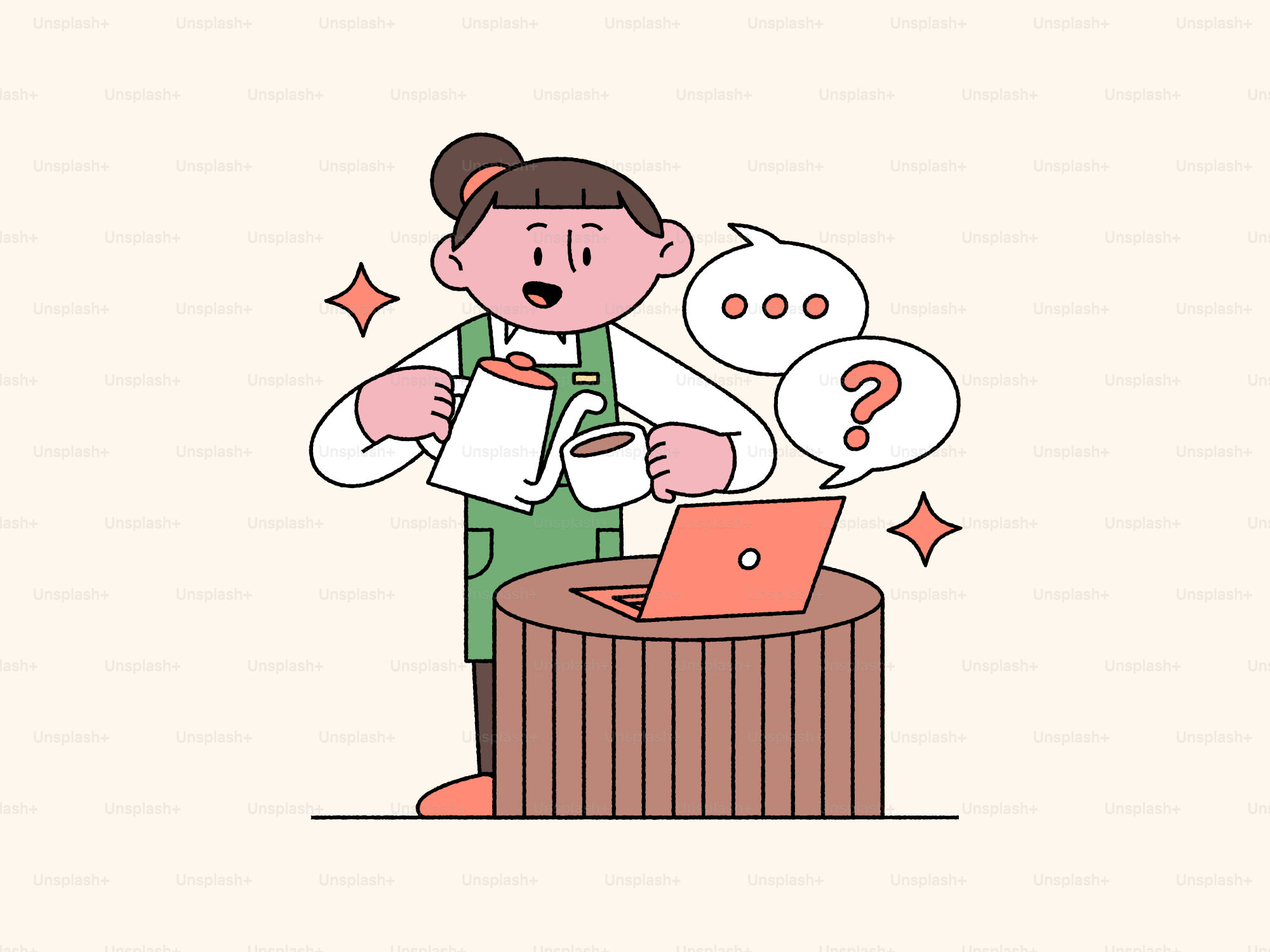 Barista pouring coffee near laptop with chat bubbles.