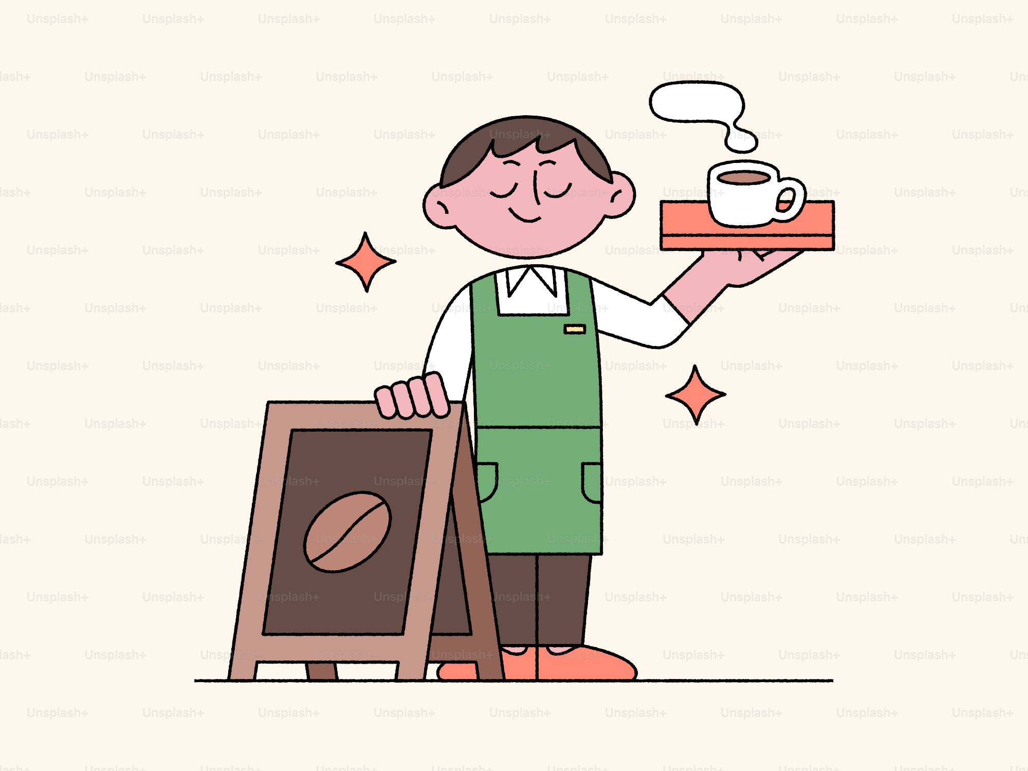 Barista serving coffee with a sign