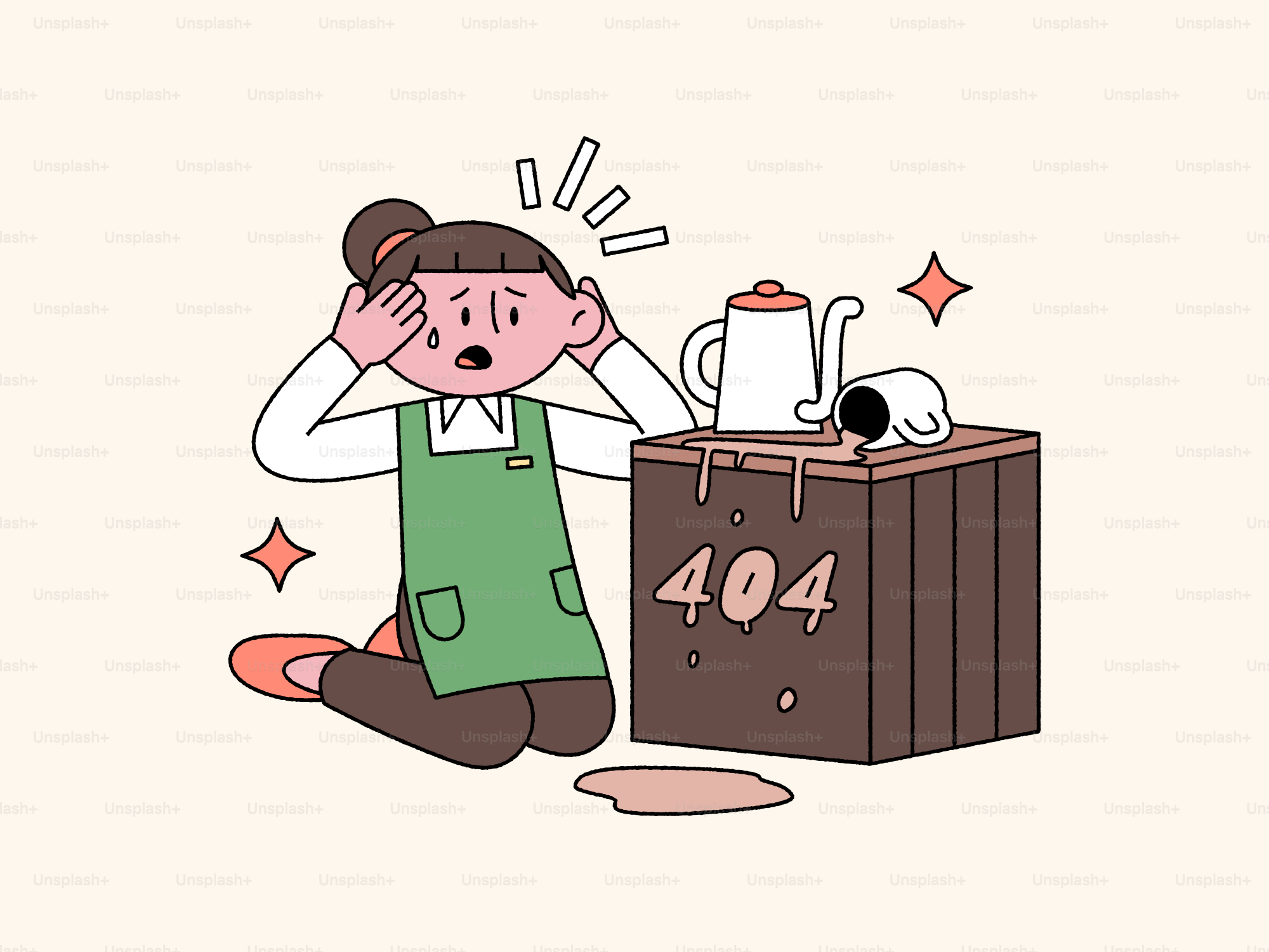 Woman distressed by spilled coffee and a '404' box
