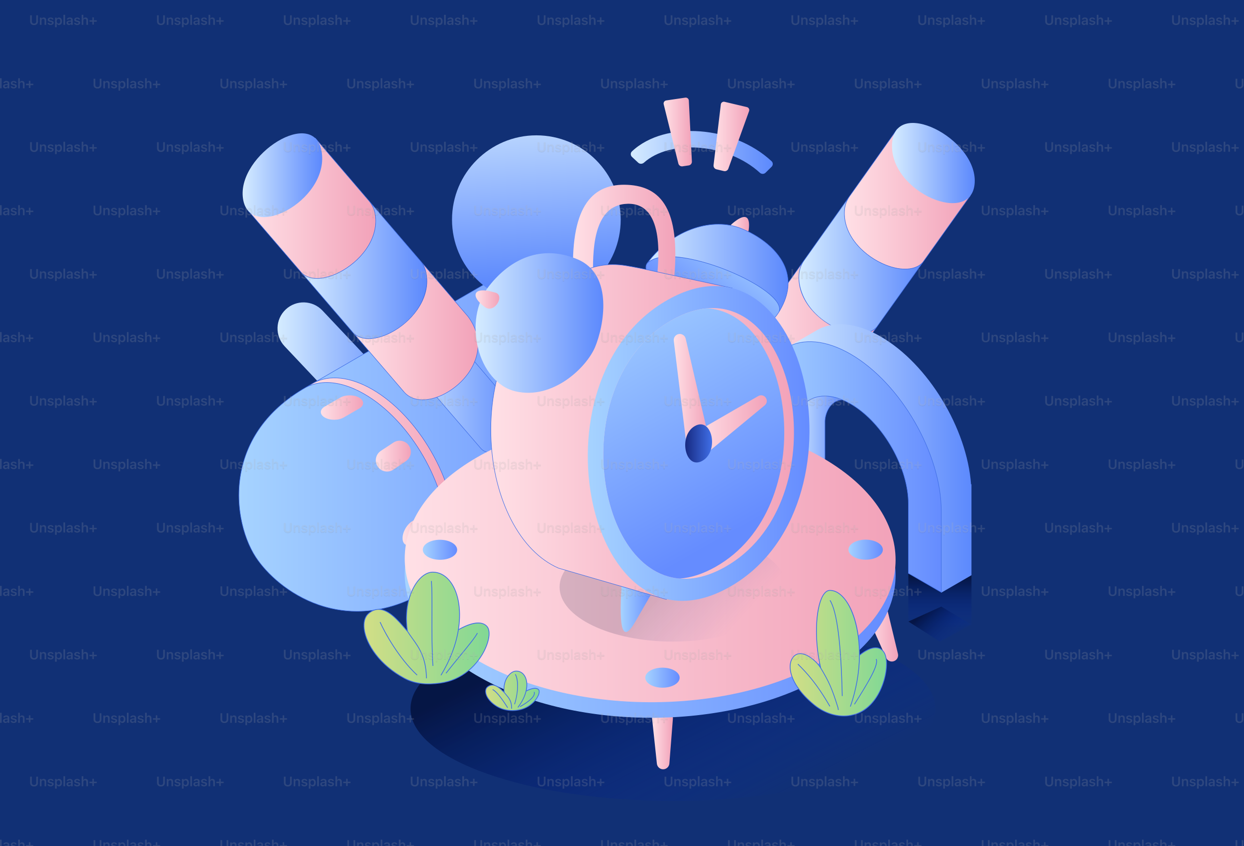 Abstract alarm clock with pastel shapes and leaves.