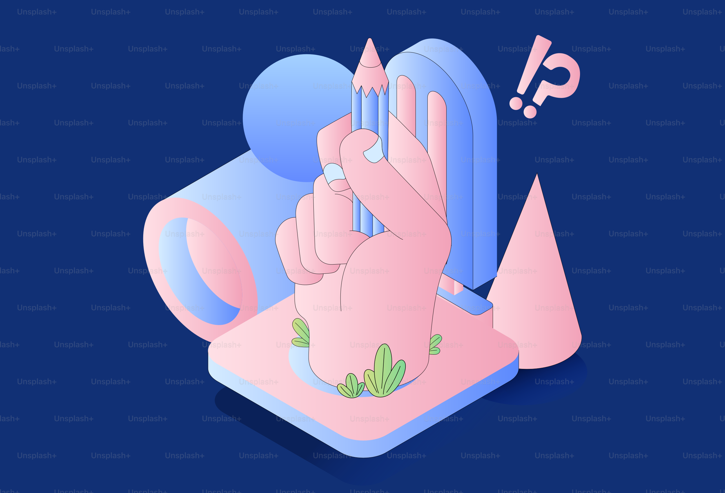 Hand holding pencil with abstract shapes and geometric shapes.