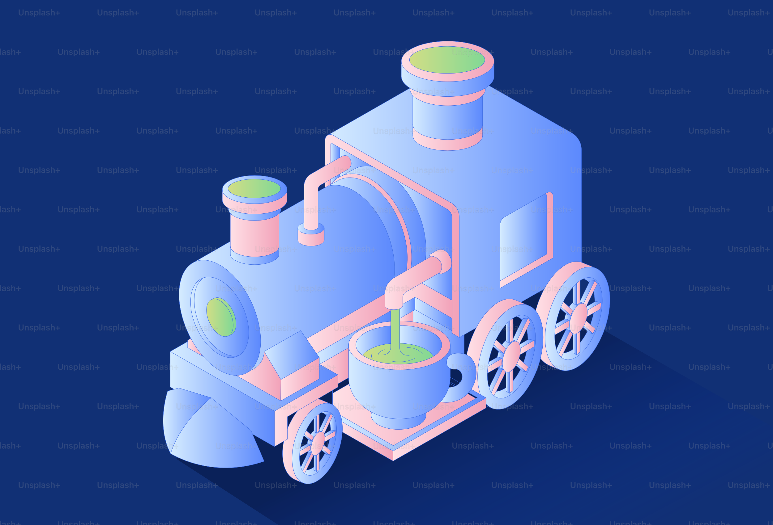 Train engine pouring green liquid into a cup