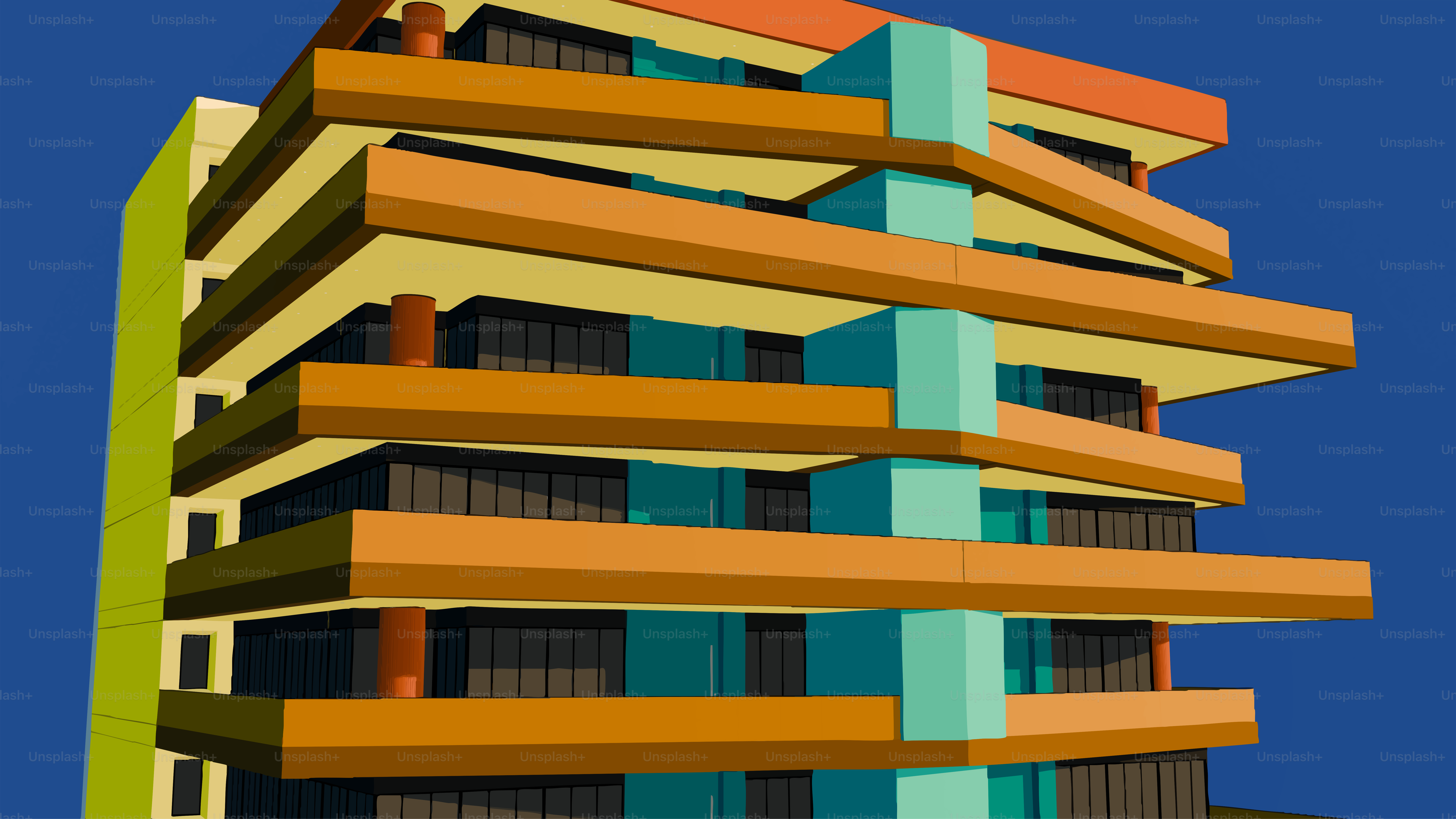 Modern building with colorful balconies against blue sky