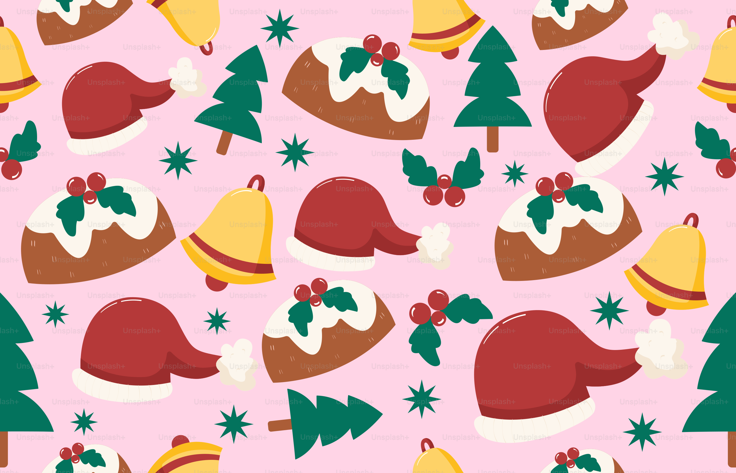 サンタ帽、プリン、ツリーが入ったクリスマスのパターン。