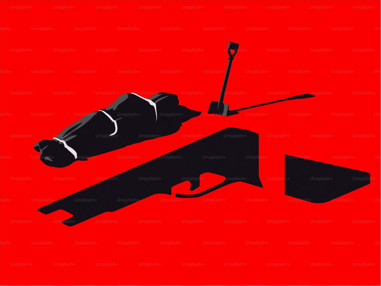 赤い背景に黒い銃とマイク