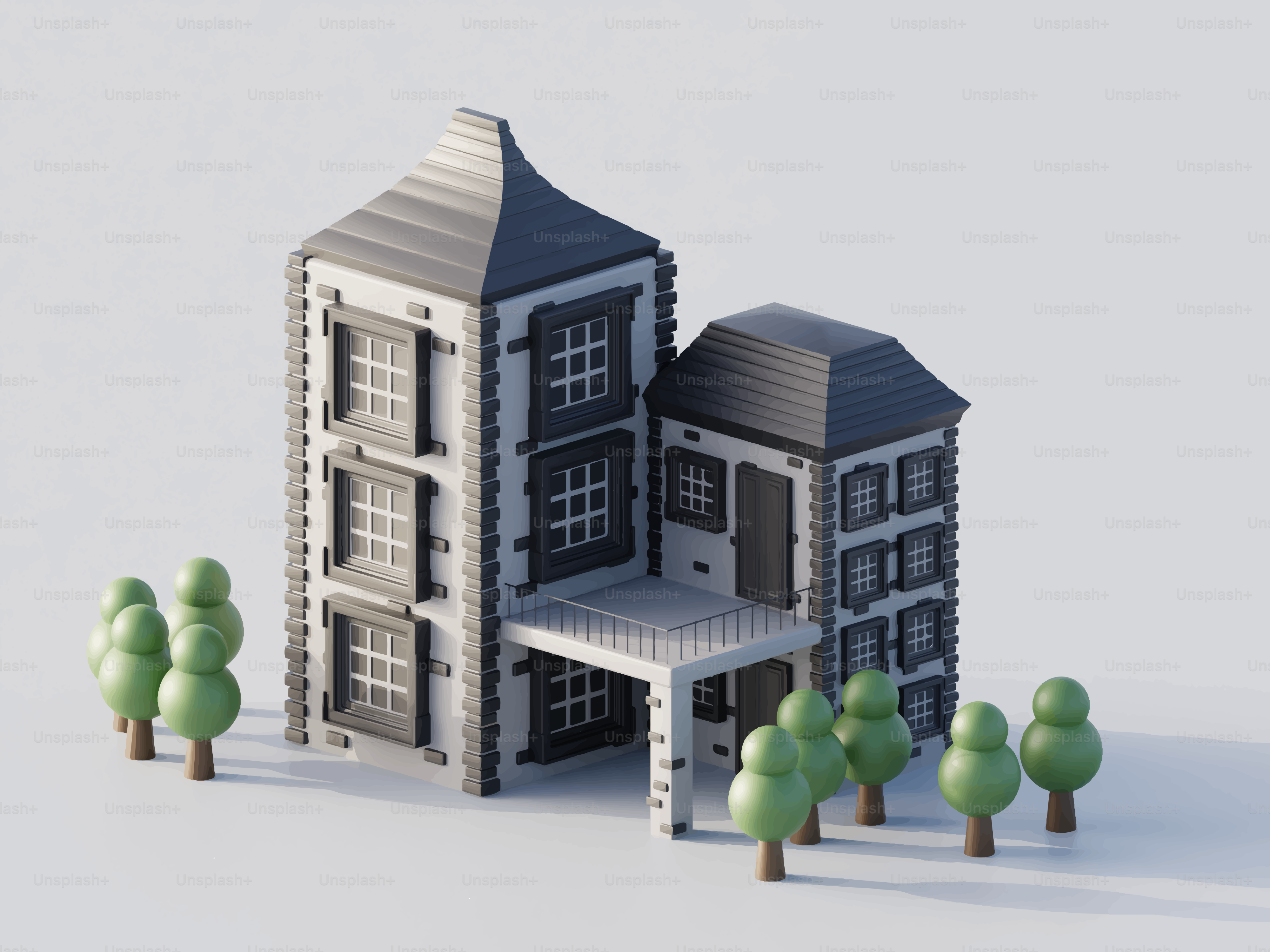 Ein stilisiertes Gebäude mit Bäumen auf weißem Hintergrund