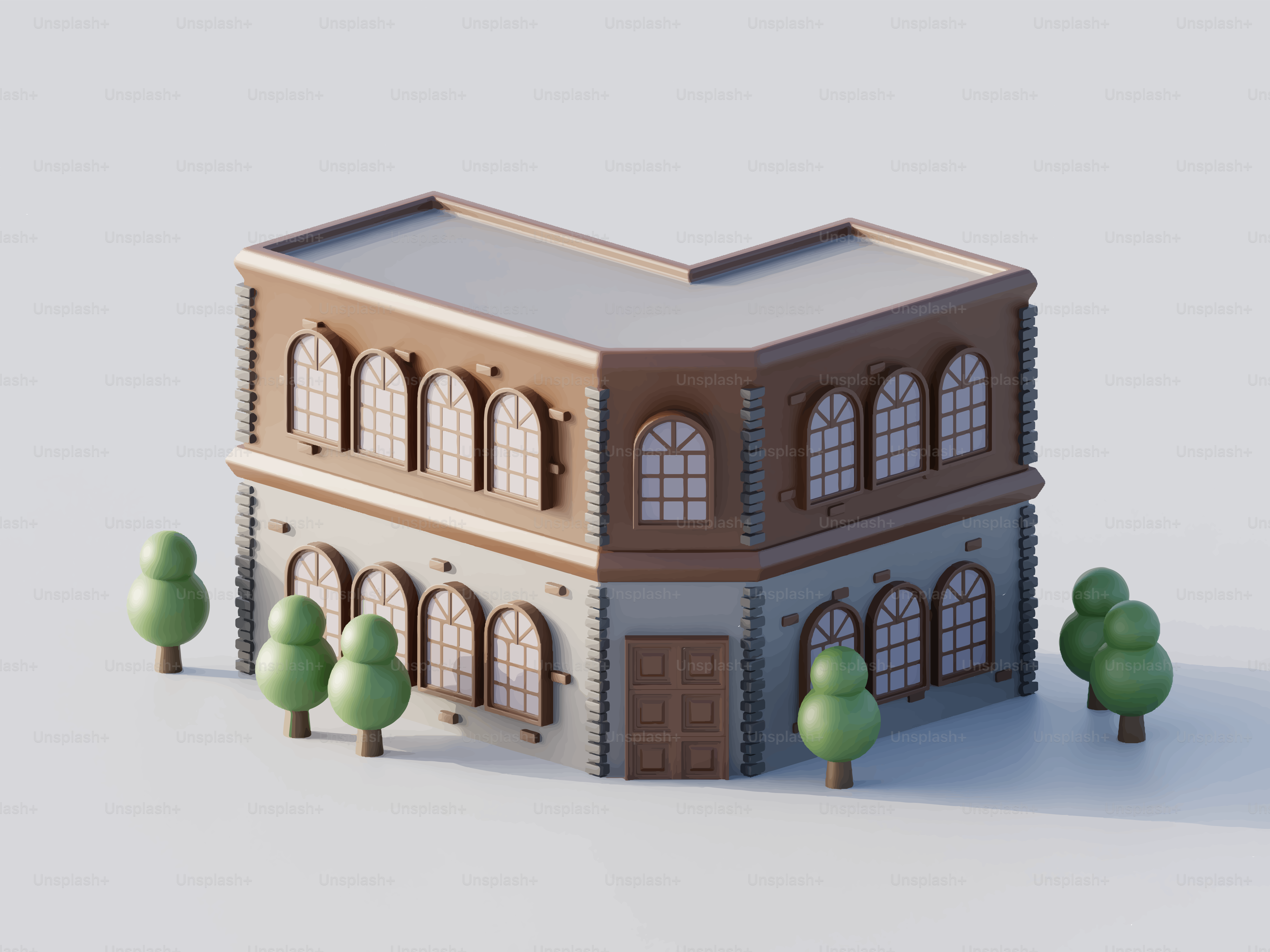 Corner building with arched windows and trees