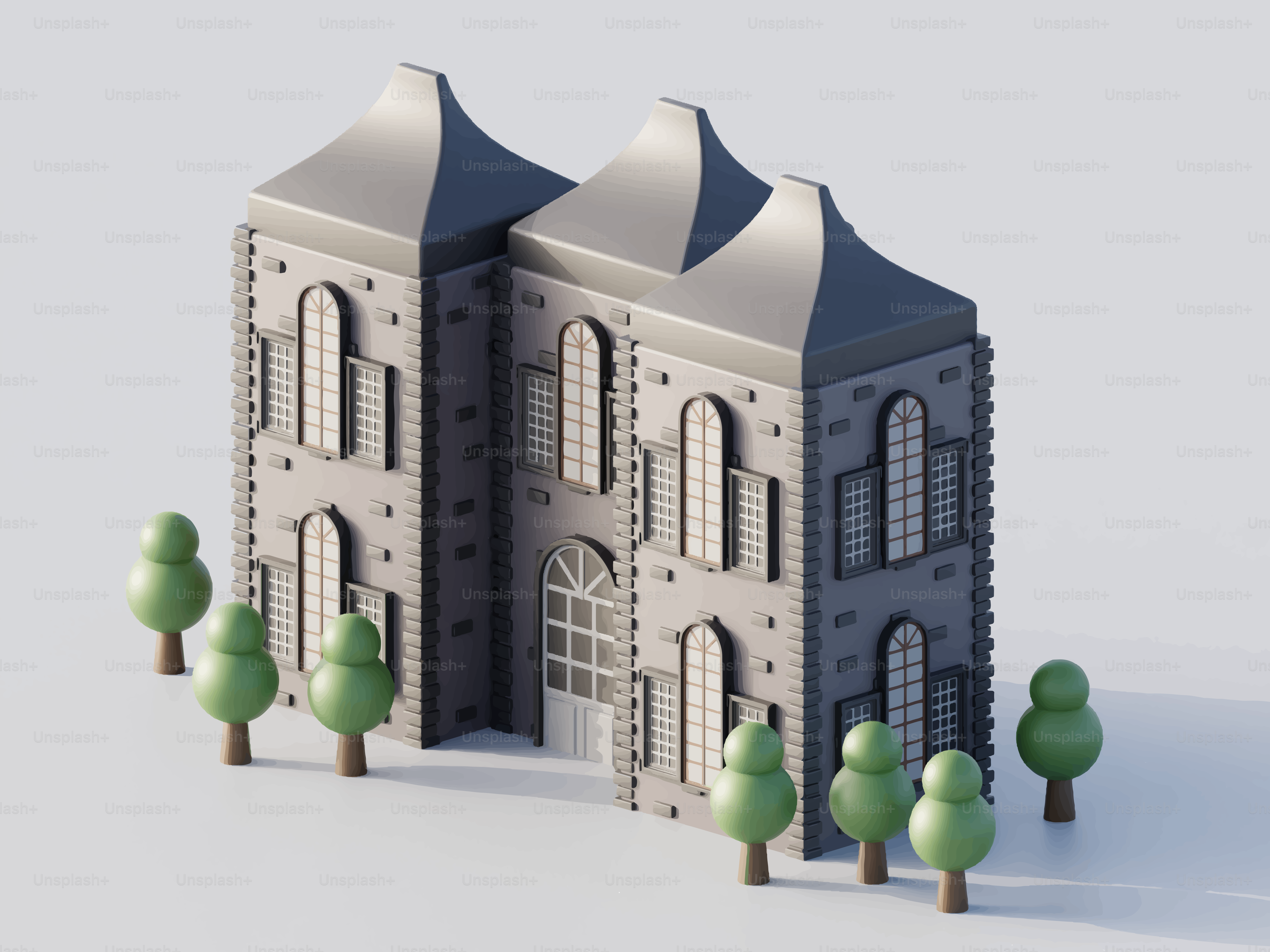 Stylized stone building with pointed roofs and trees