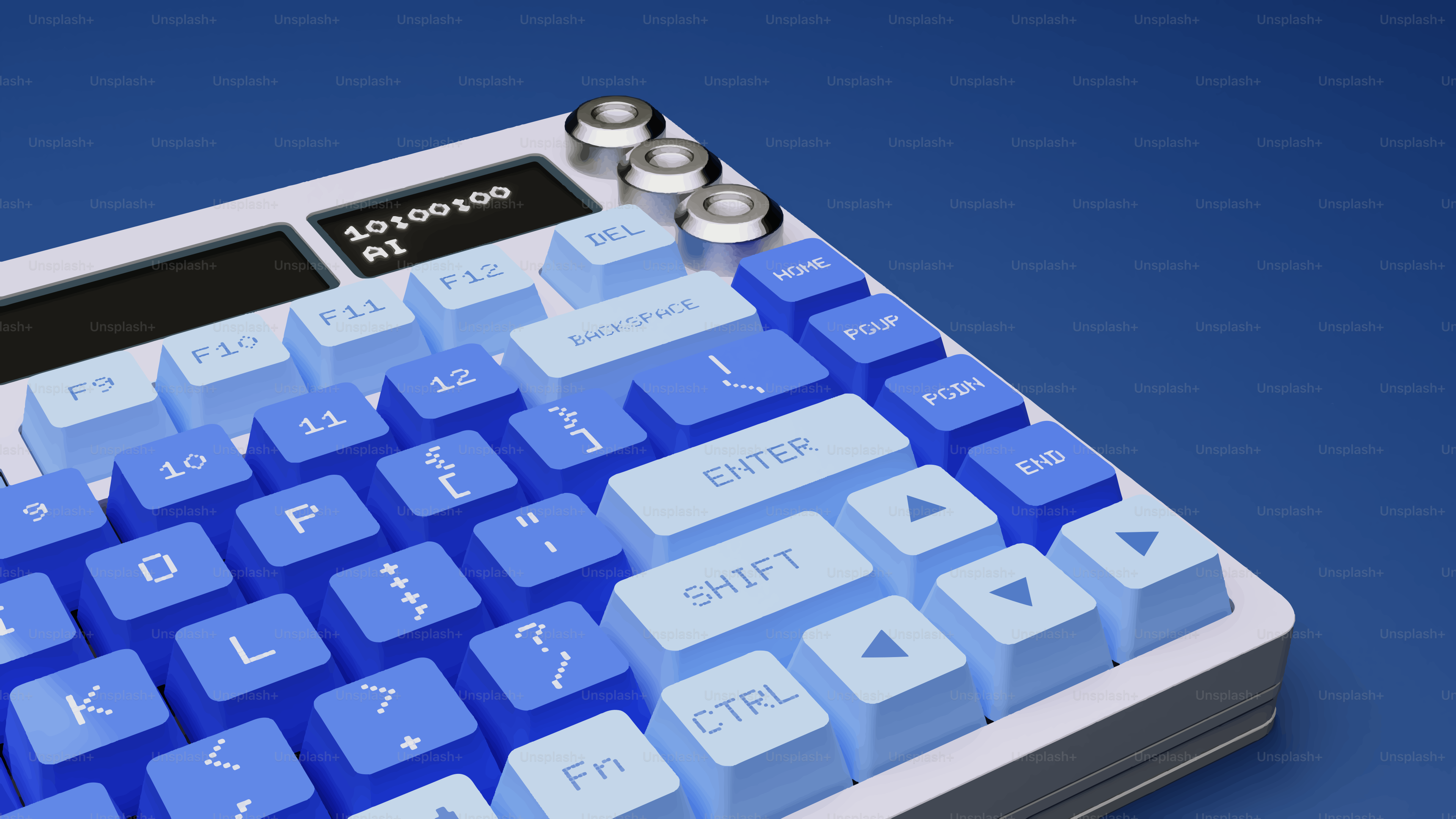 Close-up of a blue and white computer keyboard