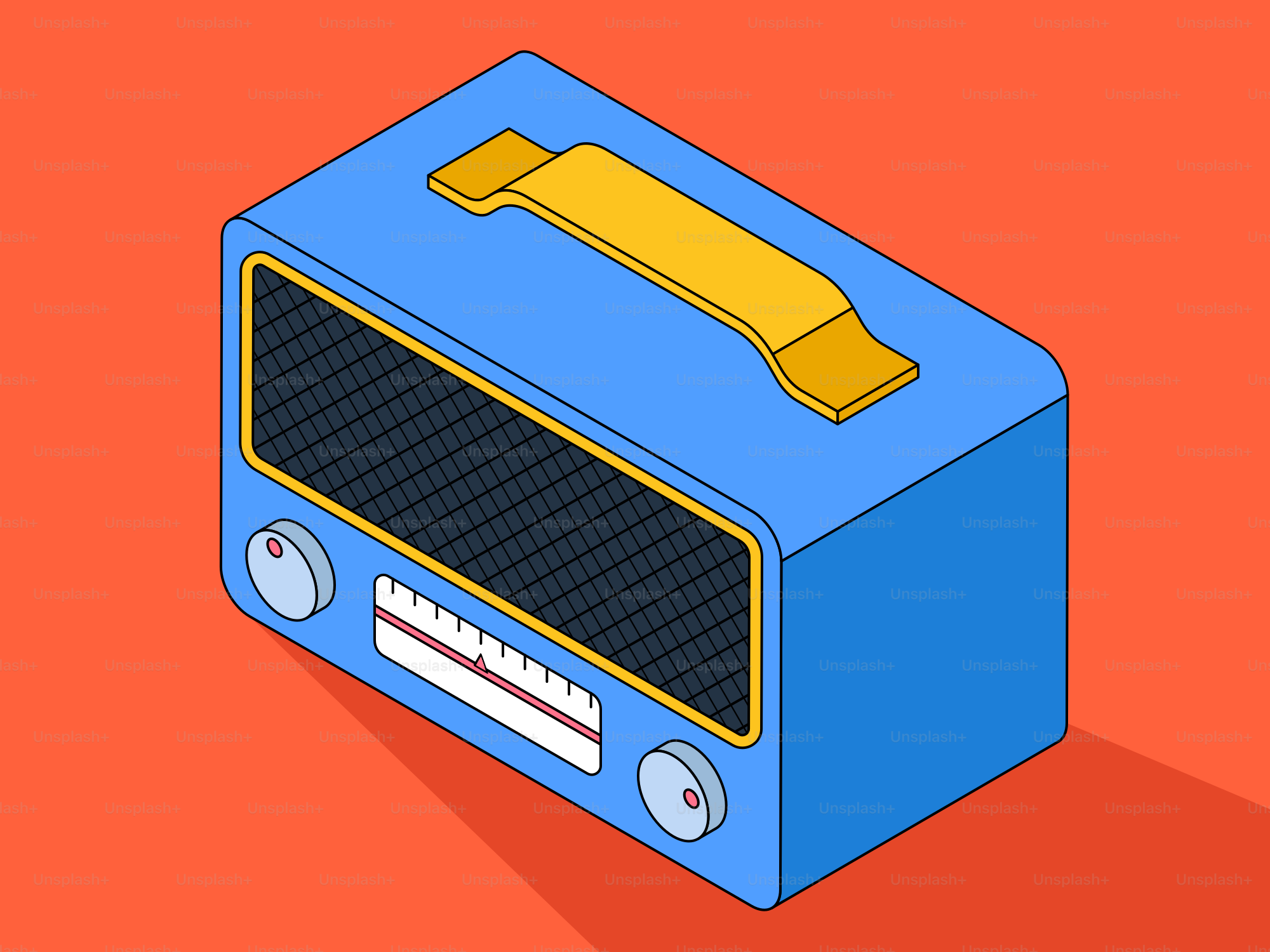 A blue retro radio with a yellow handle.
