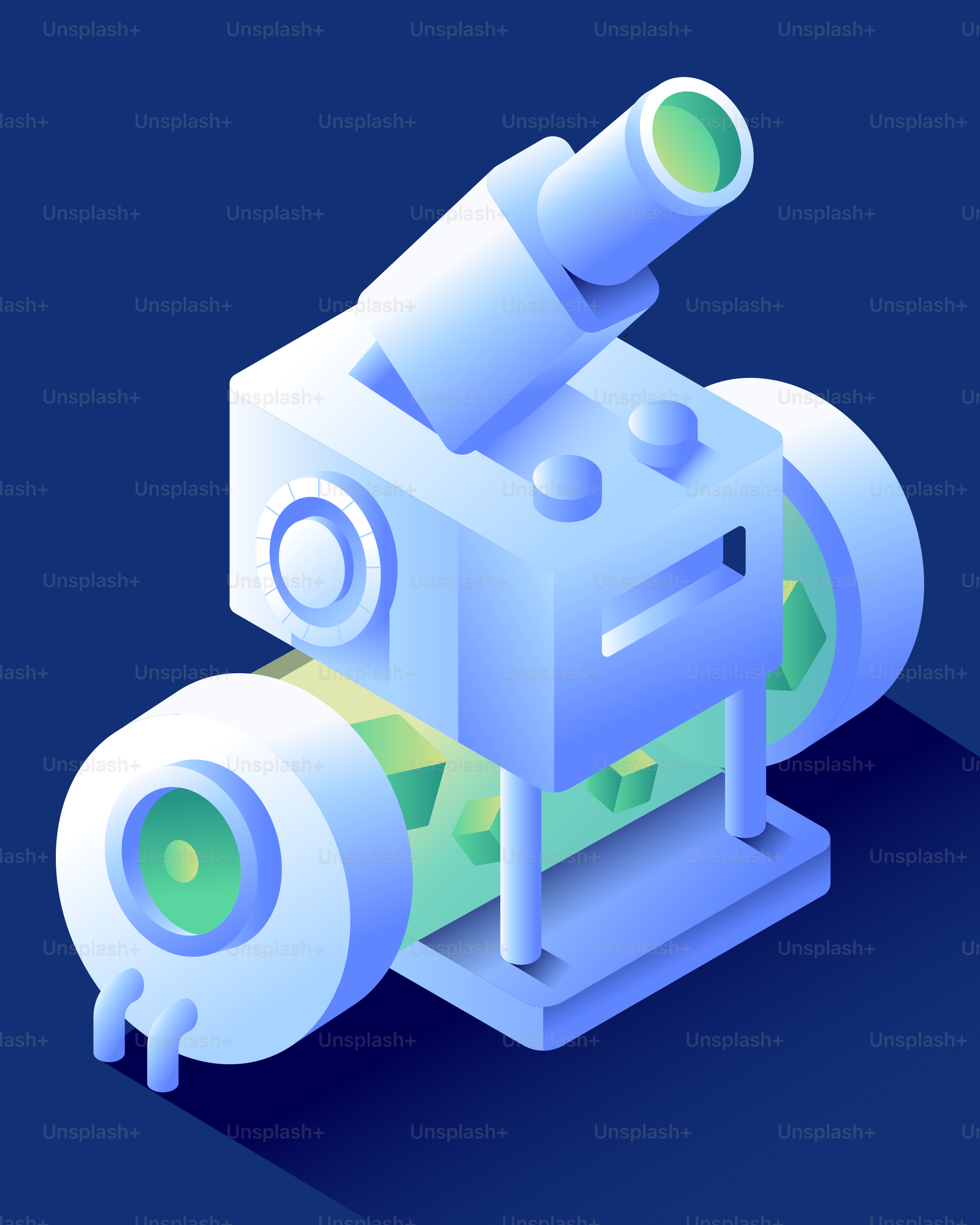 A stylized microscope with glowing green elements.