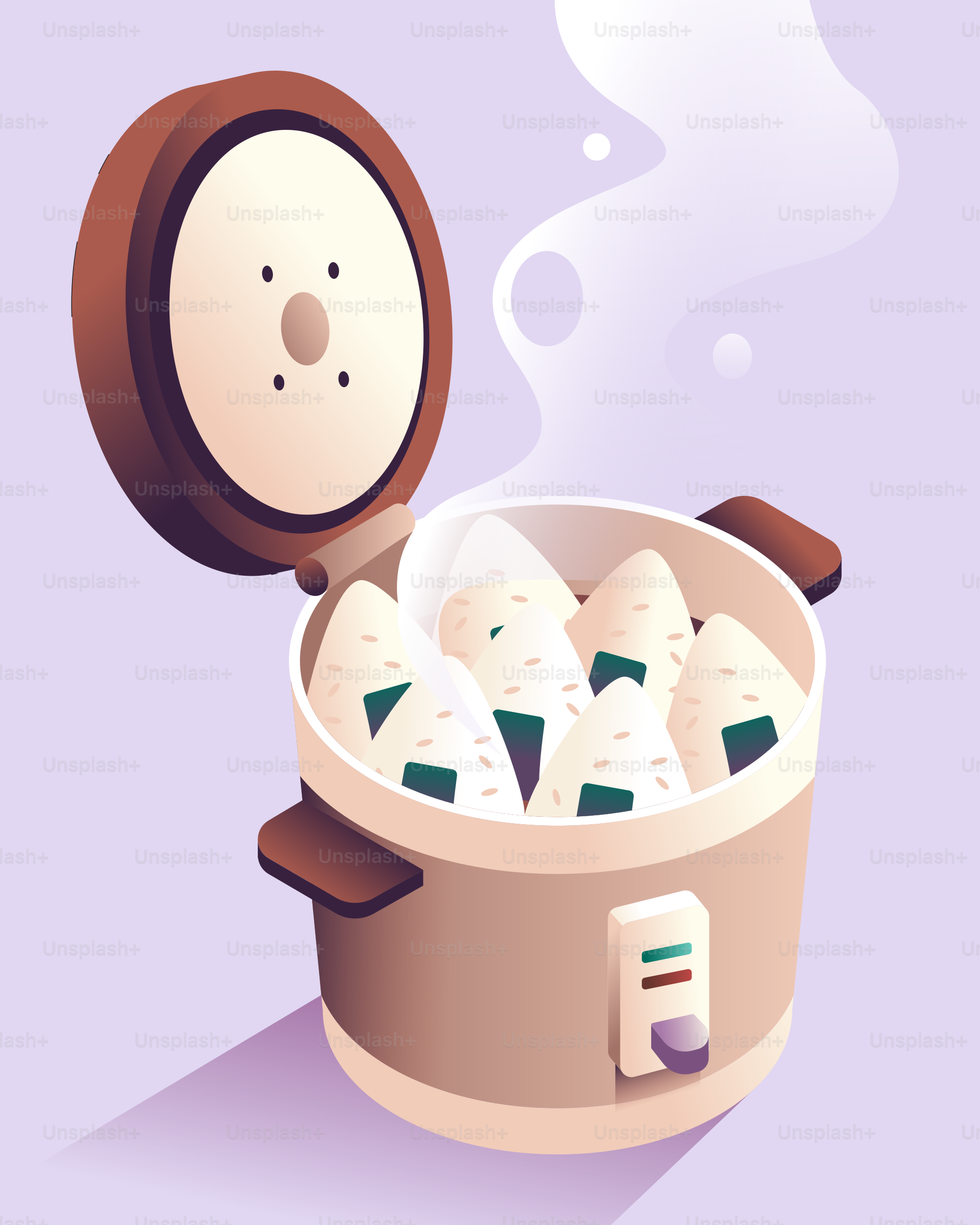 Onigiri rice balls steaming in a rice cooker.