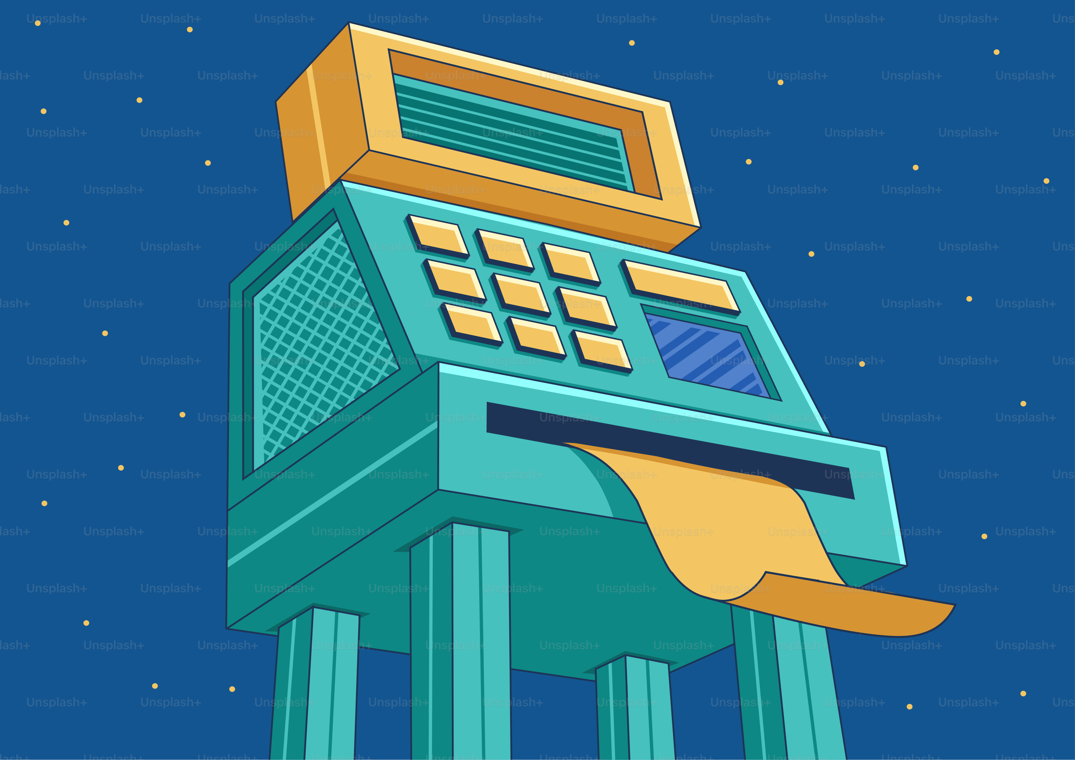 청록색과 금색의 복고풍 컴퓨터 단말기가 영수증을 출력합니다