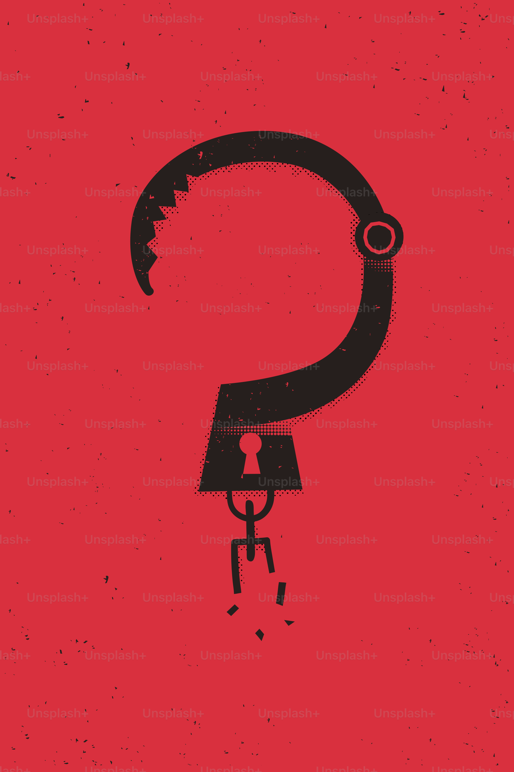 Un point d’interrogation fait de menottes sur fond rouge