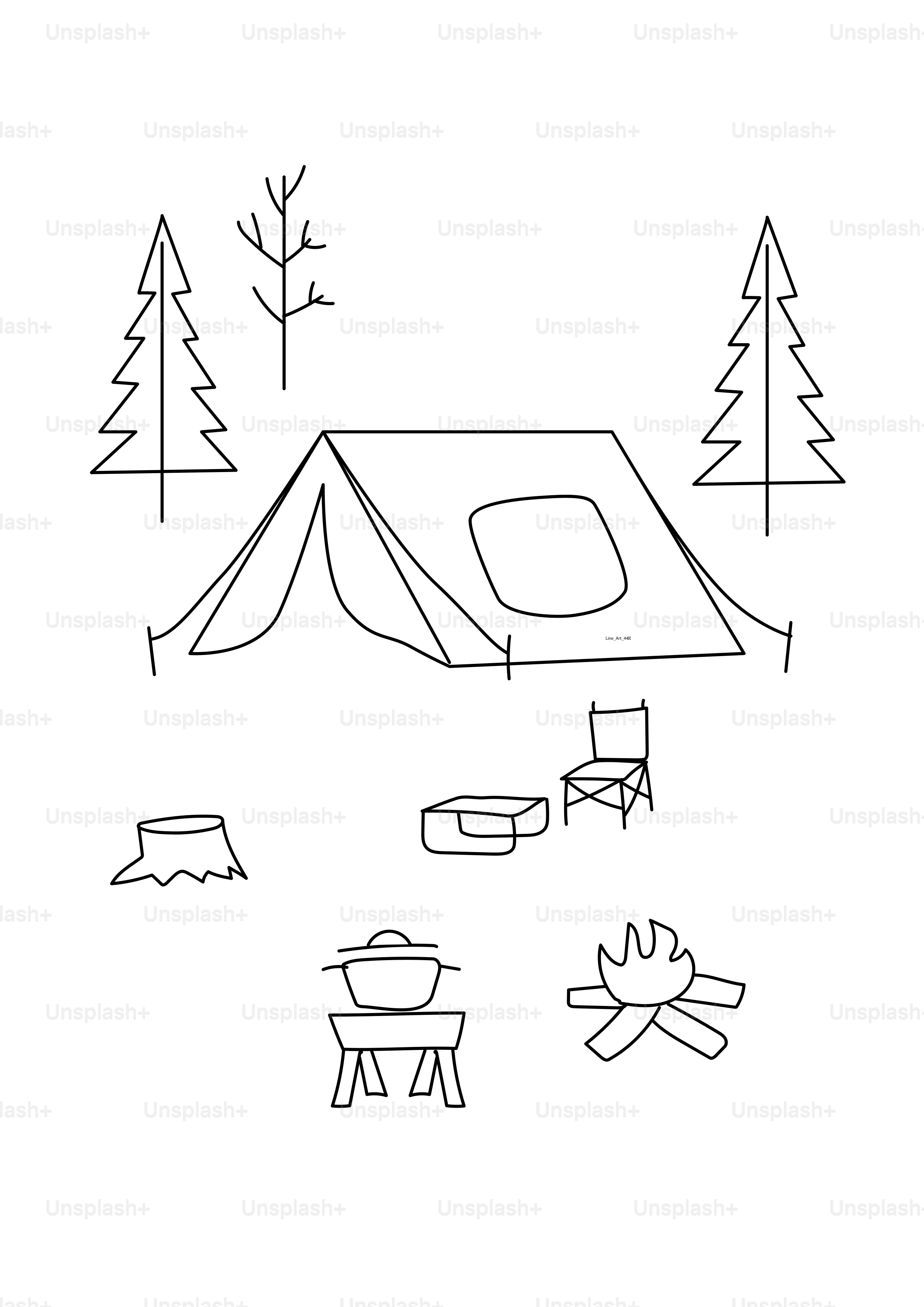 Tent and campfire scene in a forest setting with trees.