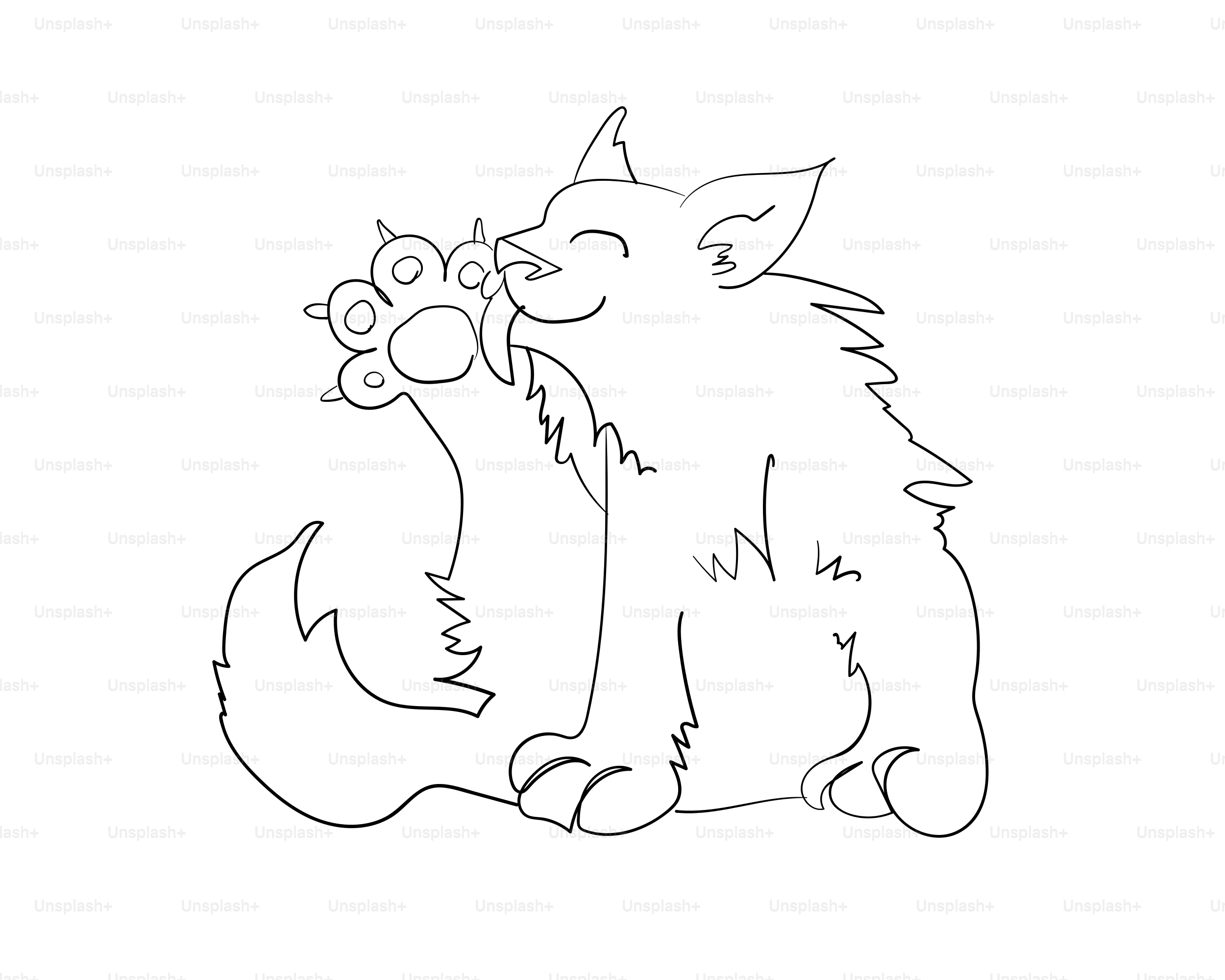 A cartoon wolf cub sitting and grooming its paw.