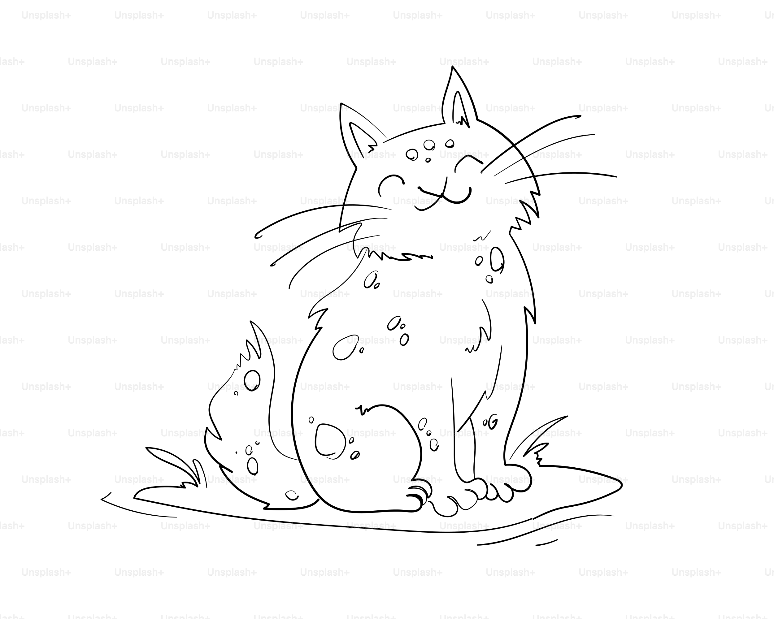 A smiling cartoon cat with spots sits on grass