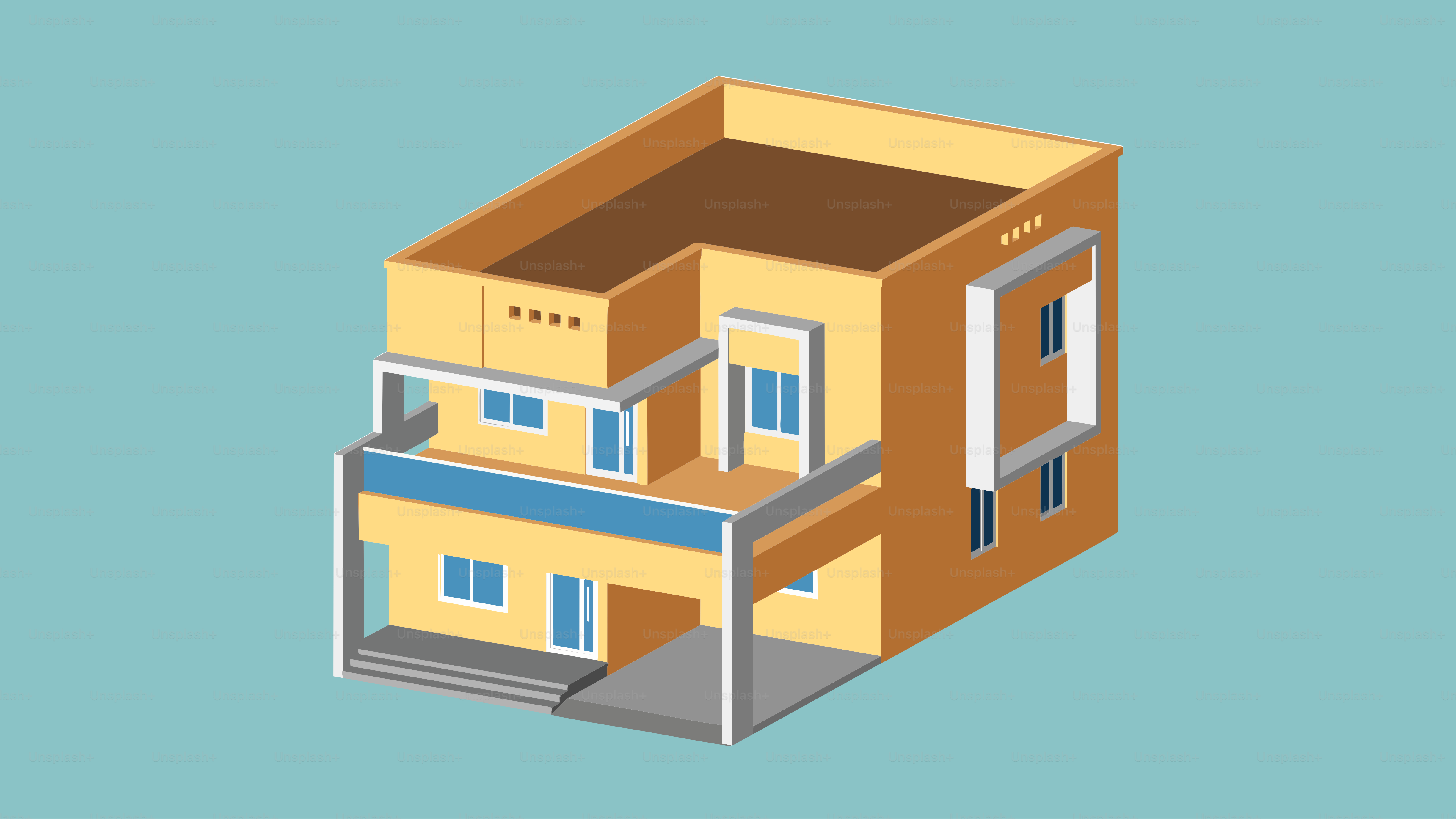 Modern yellow house with blue accents and windows