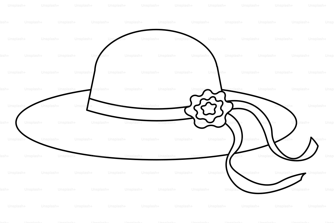 A line drawing of a wide-brimmed hat with a flower.