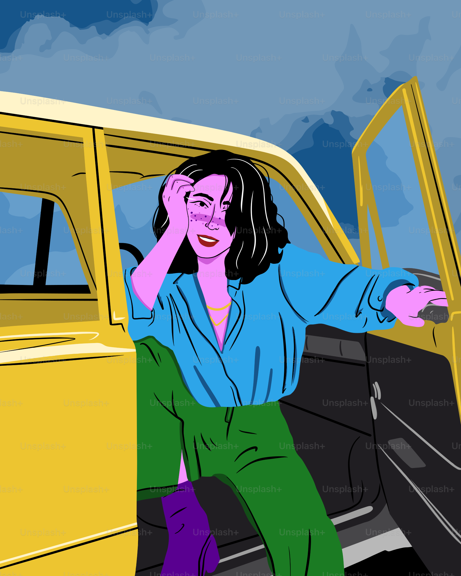 Femme sortant d’une voiture jaune avec un ciel bleu