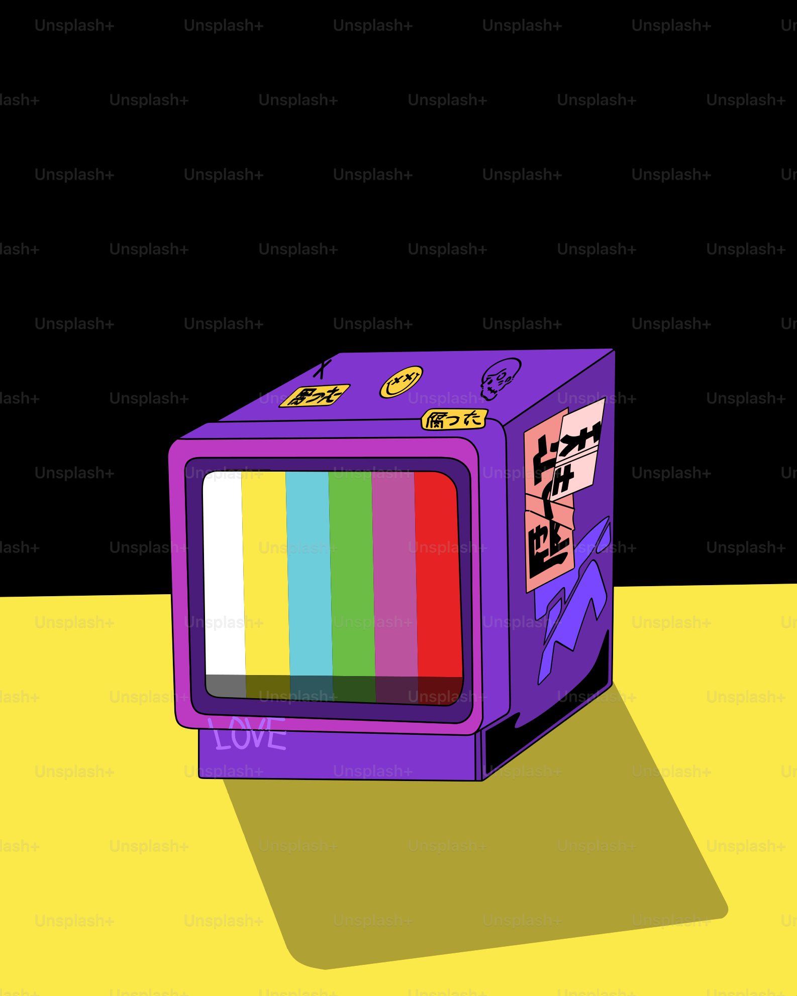 Retro television with colorful screen and stickers