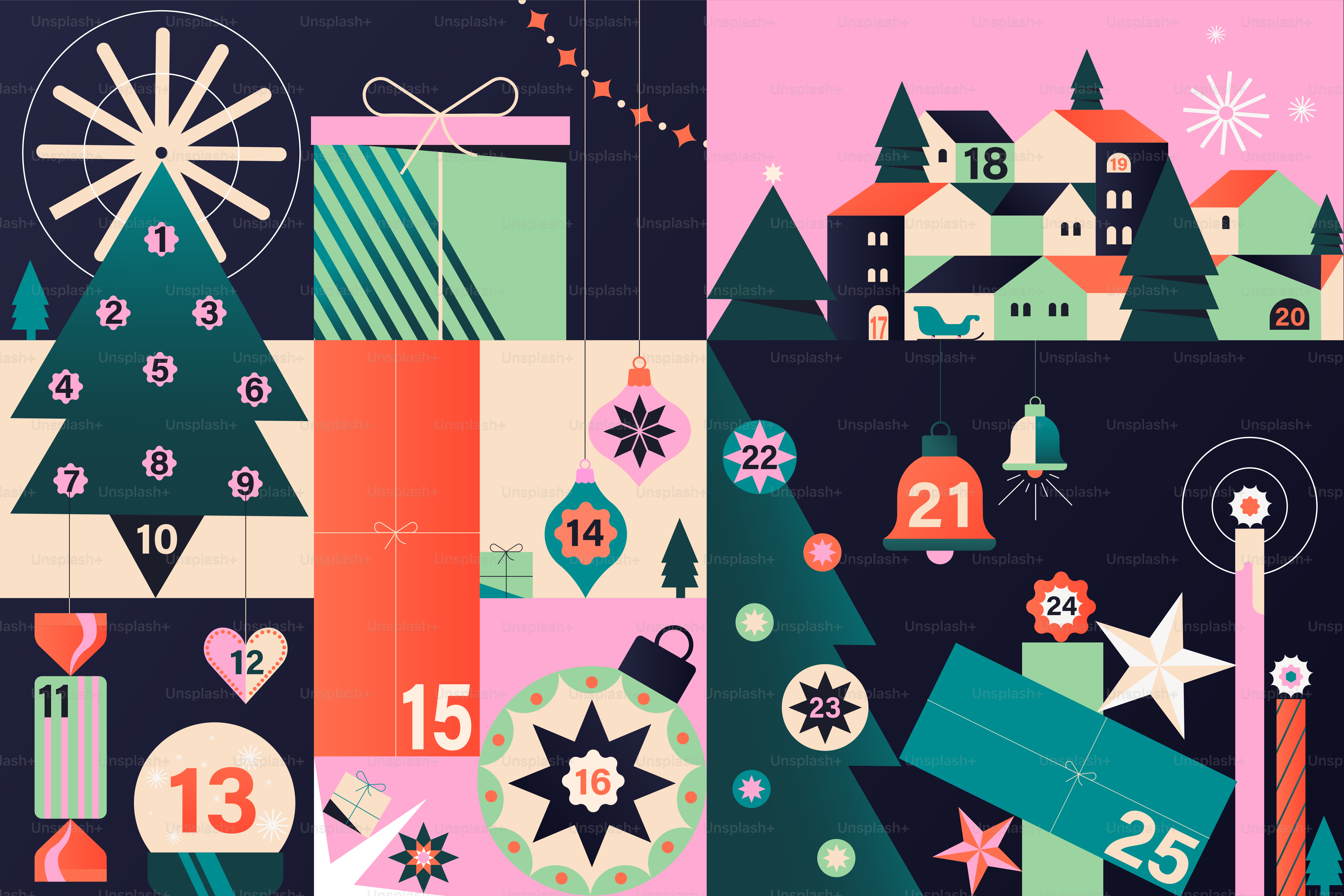 Calendário de advento de Natal com decorações e números festivos.