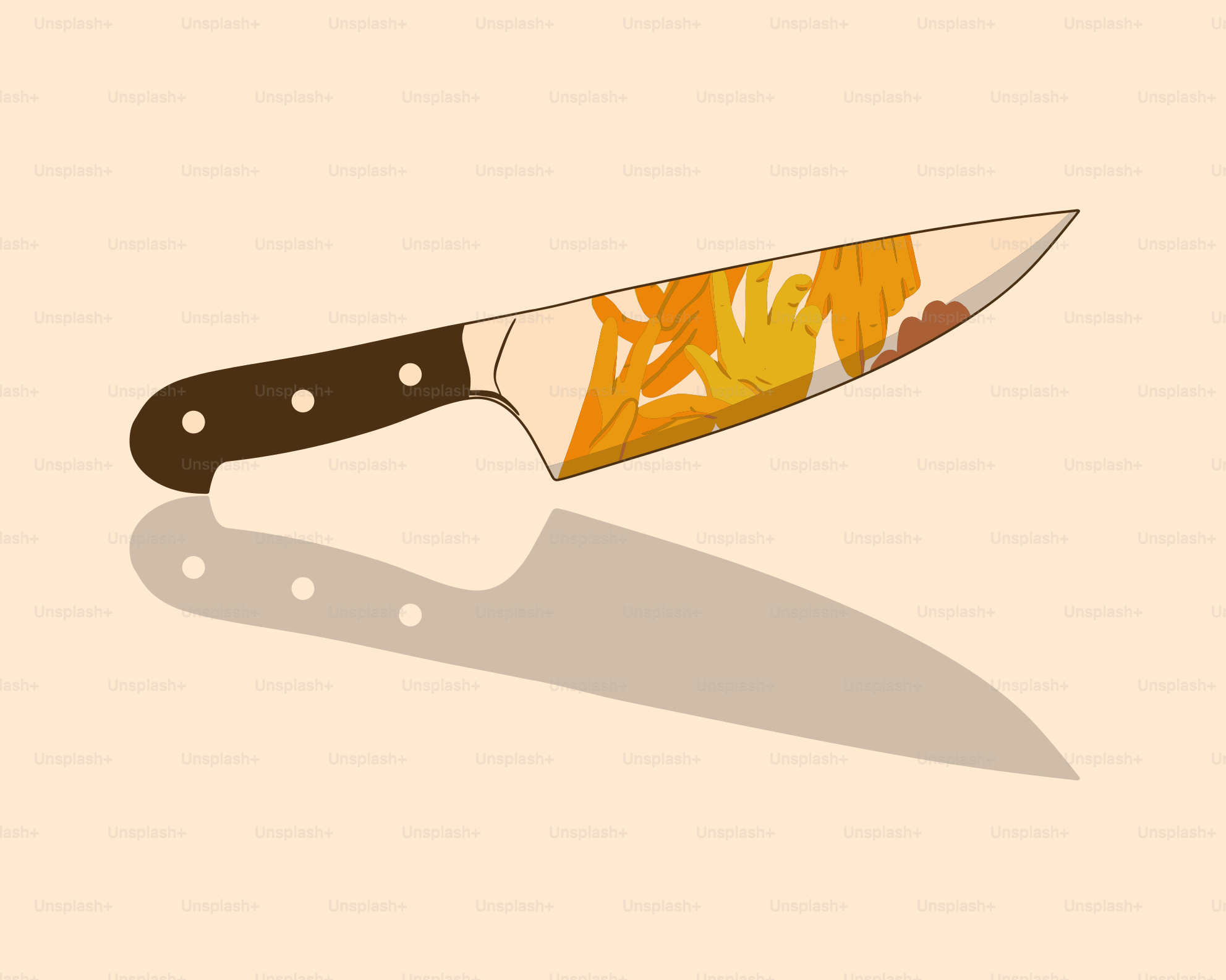 A chef's knife with floral pattern on blade.