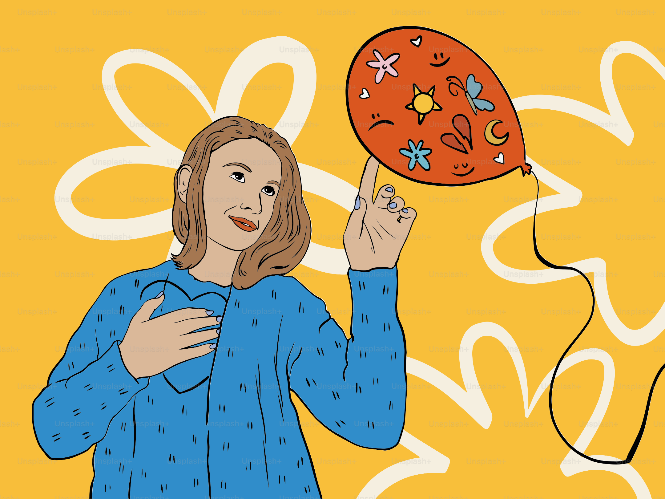 Mujer balanceando un globo decorado en su dedo