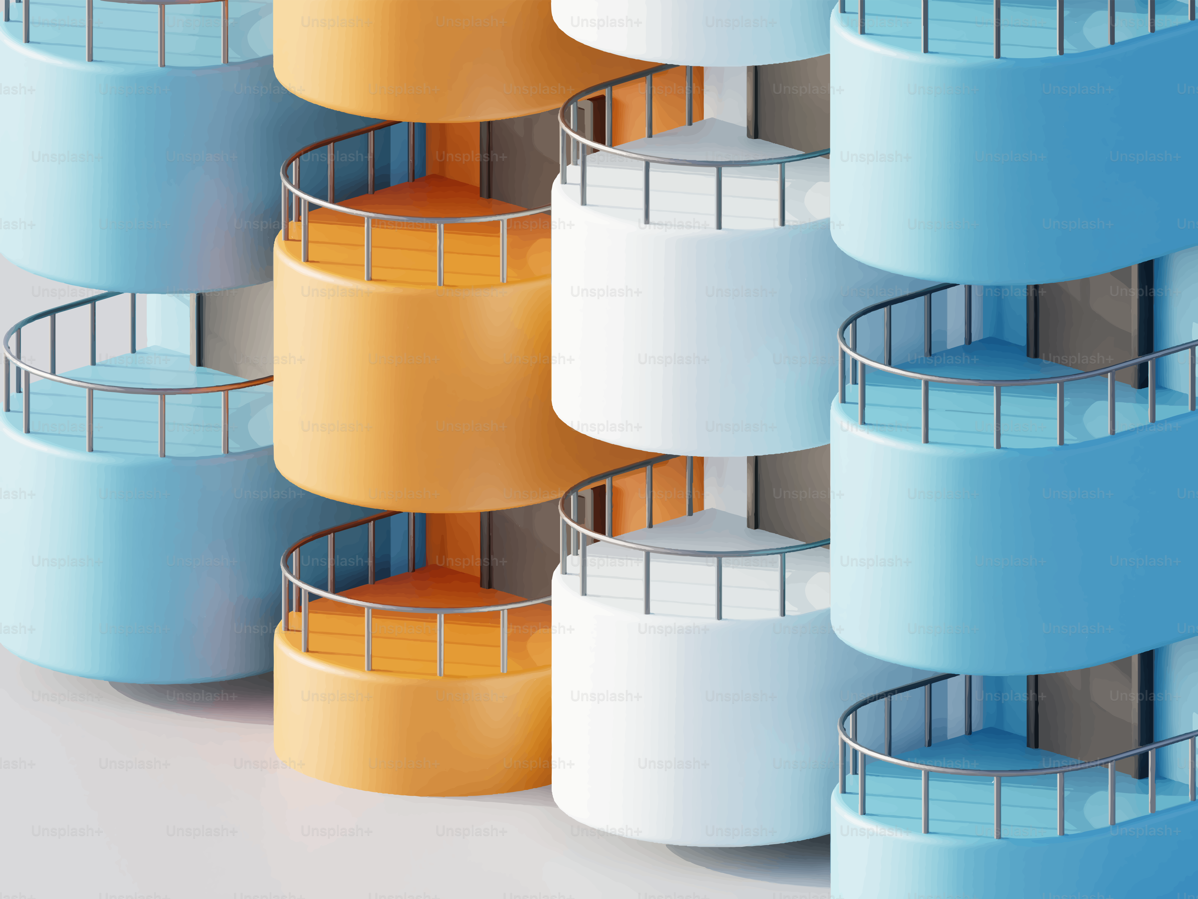 Conception architecturale abstraite avec des formes cylindriques empilées.