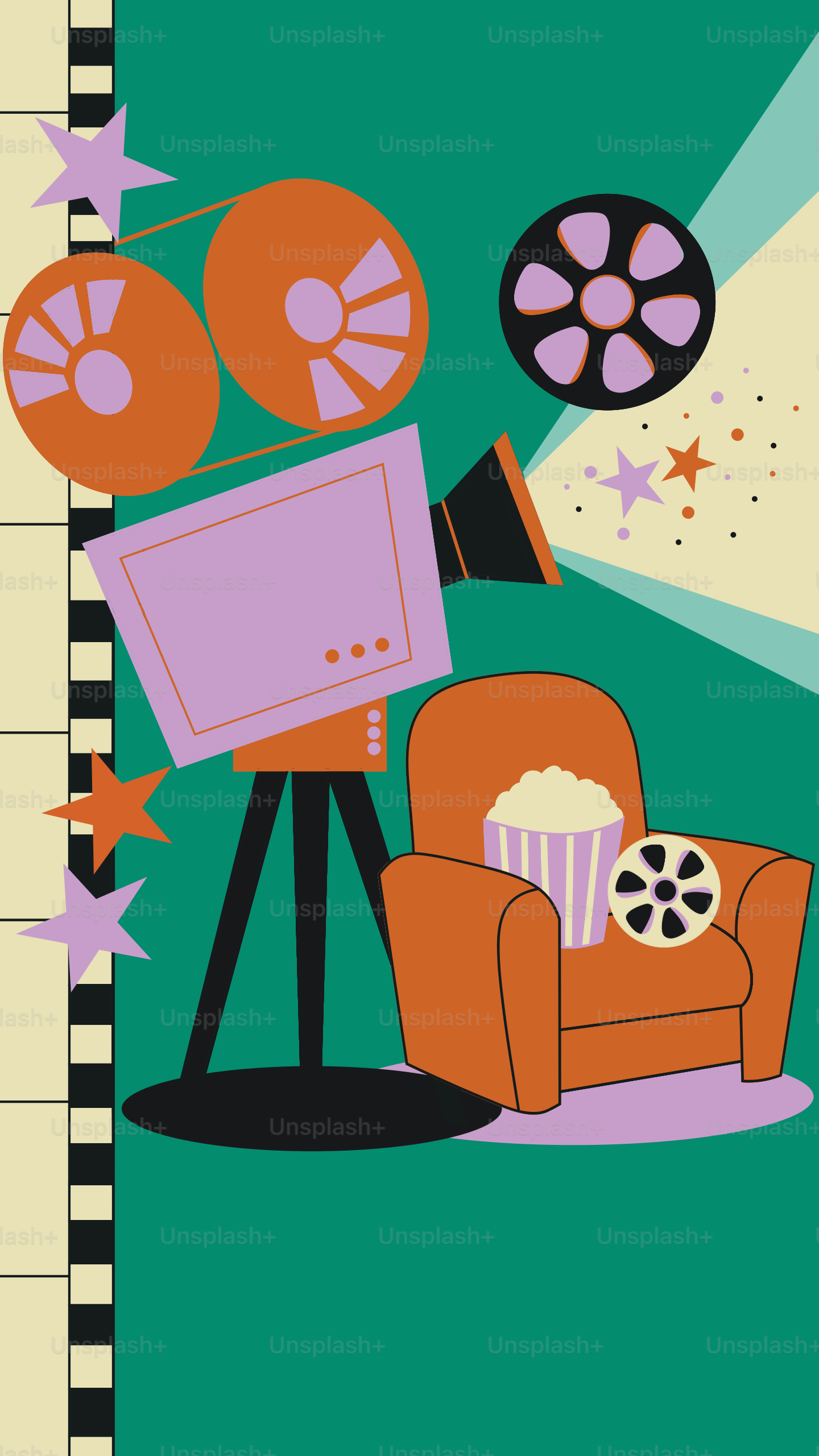 Retro movie projector with popcorn and armchair