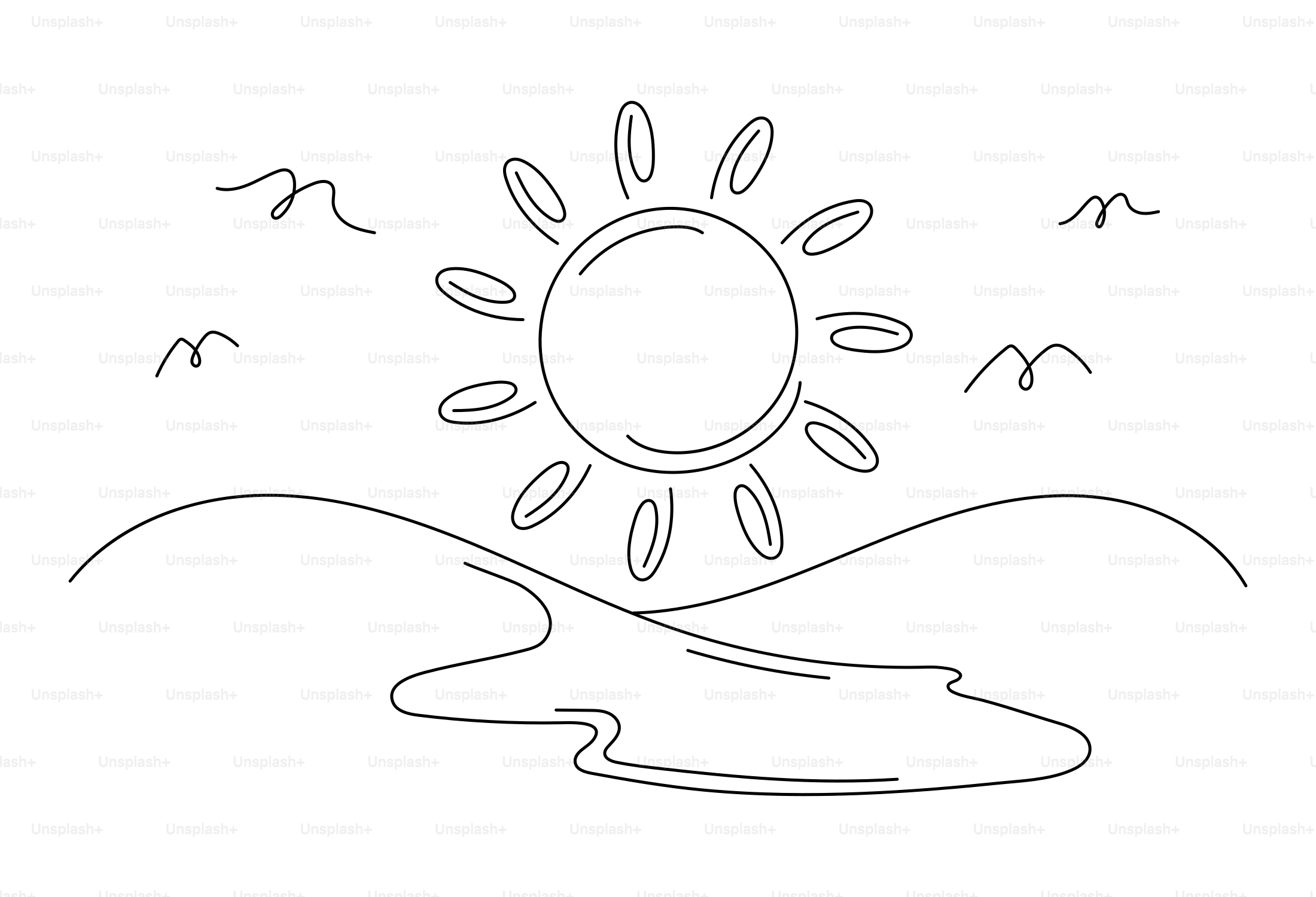 Stylized sun rising over a body of water.