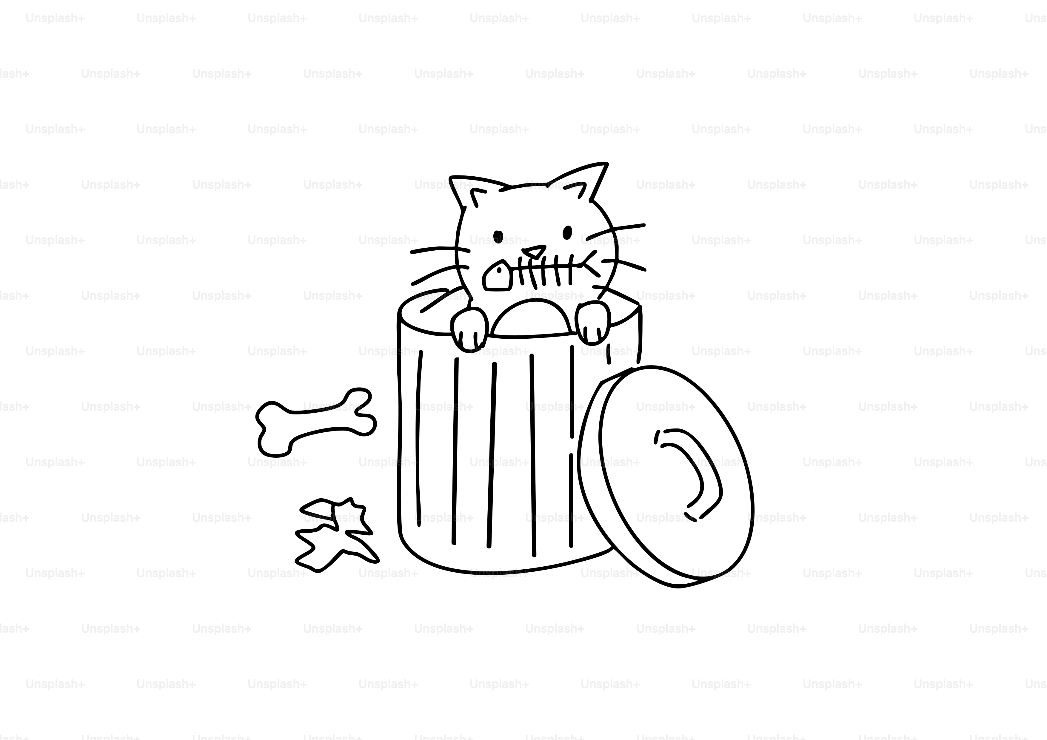 A cat peeks out of a trash can with bones.