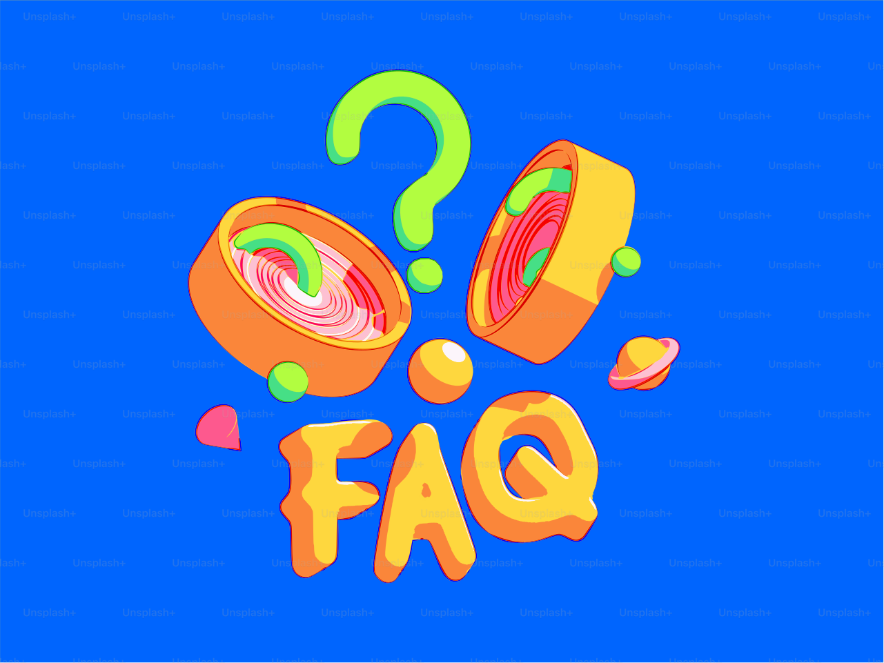 Faq with question mark and colorful abstract shapes