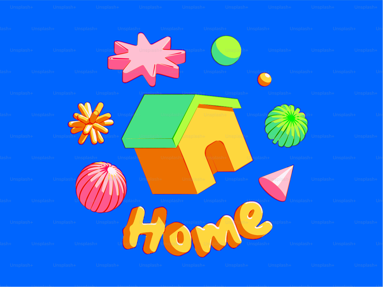 Bunte 3D-Formen und Hauslogo auf blauem Hintergrund