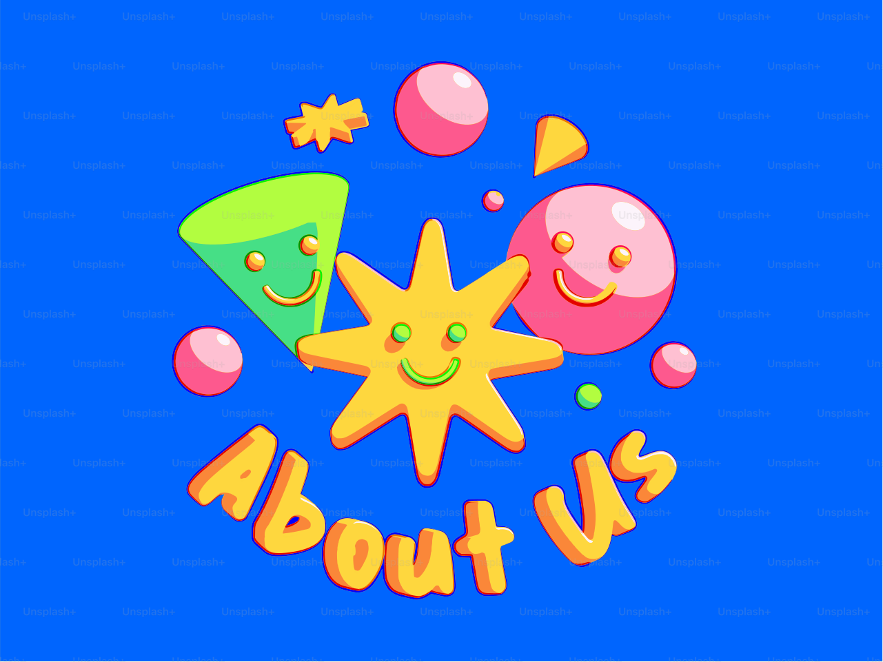 Colorful cartoon shapes and text on blue background