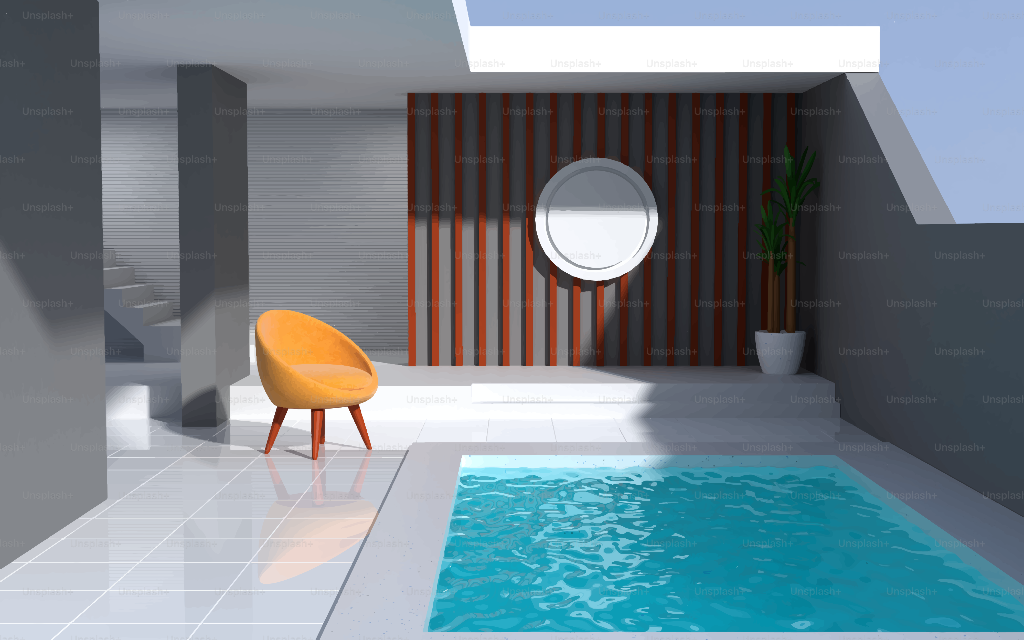 Piscina coperta moderna con sedia arancione e pianta.